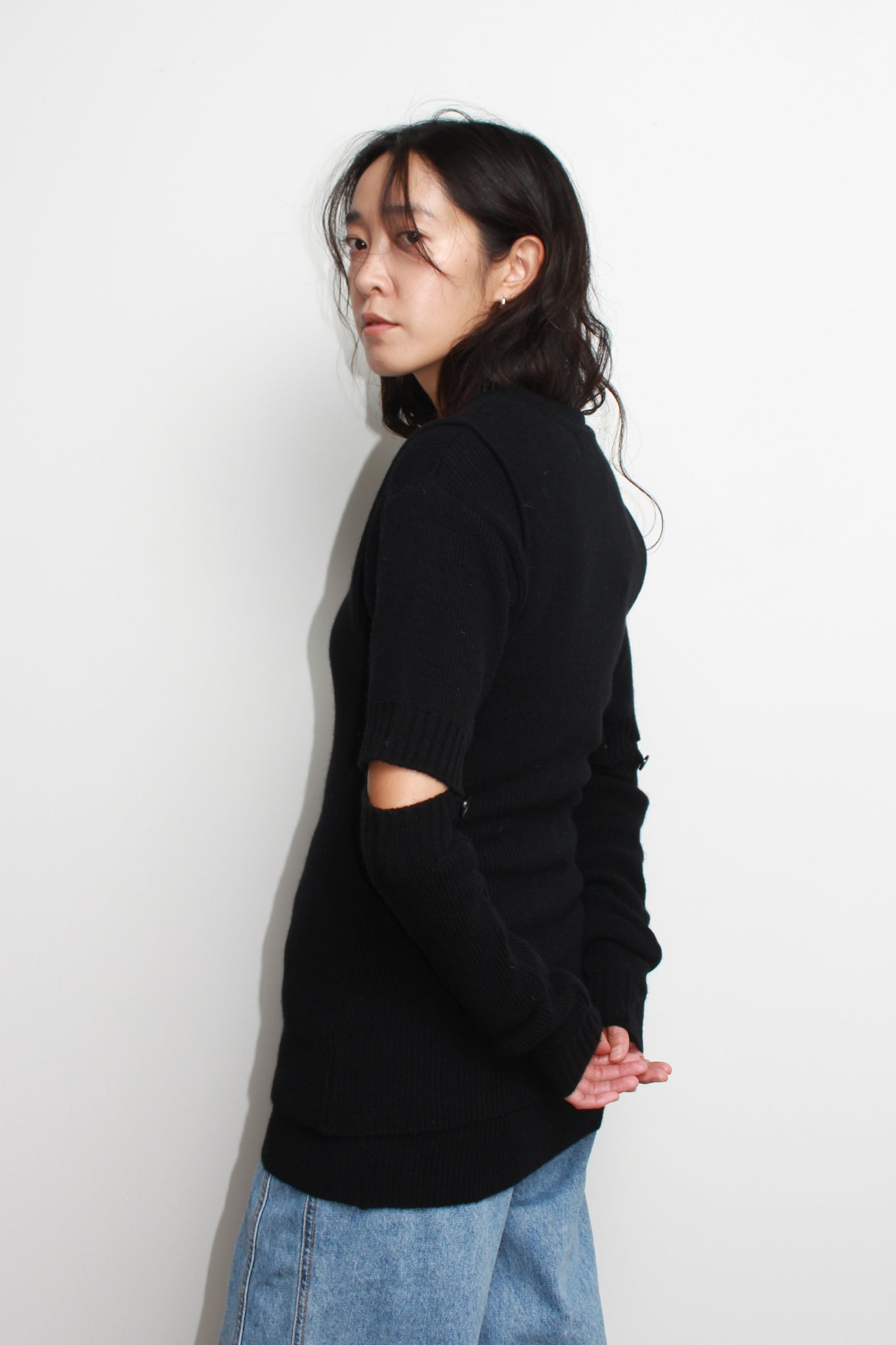 Line Wool Button Sleeve Knit in Black