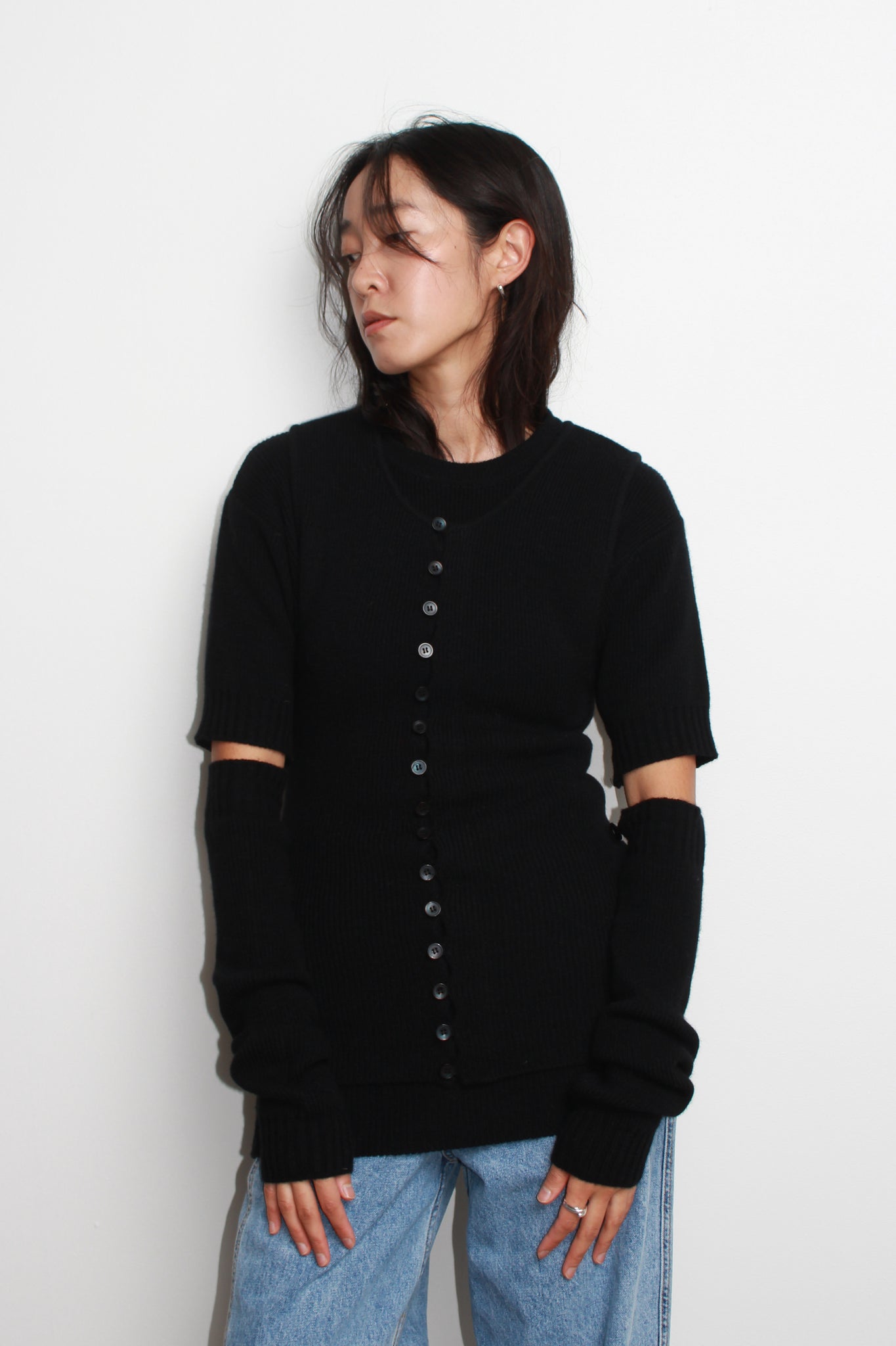 Line Wool Button Sleeve Knit in Black