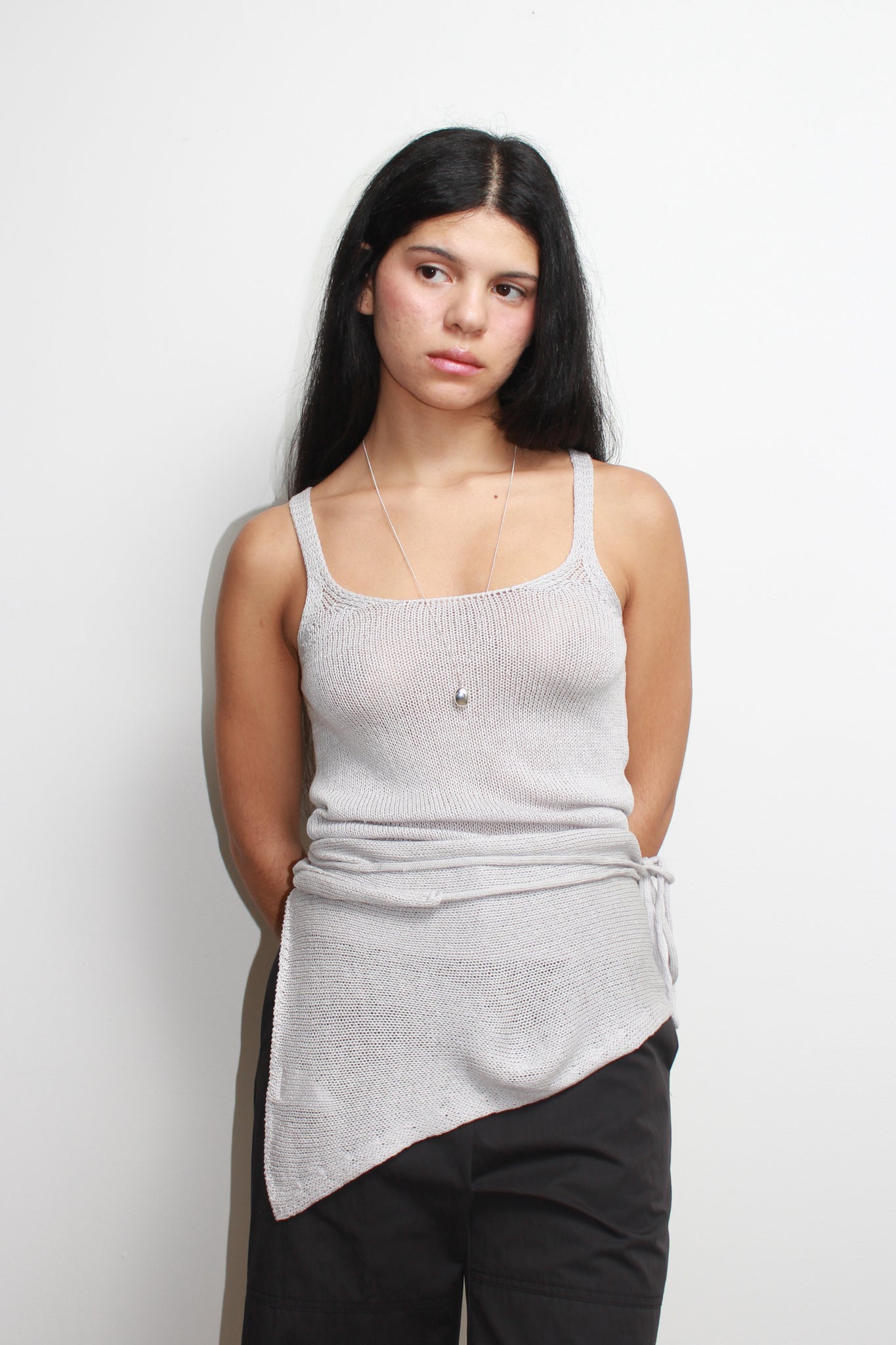 Brie Knit Tank Top w/ Scarf in Light Grey
