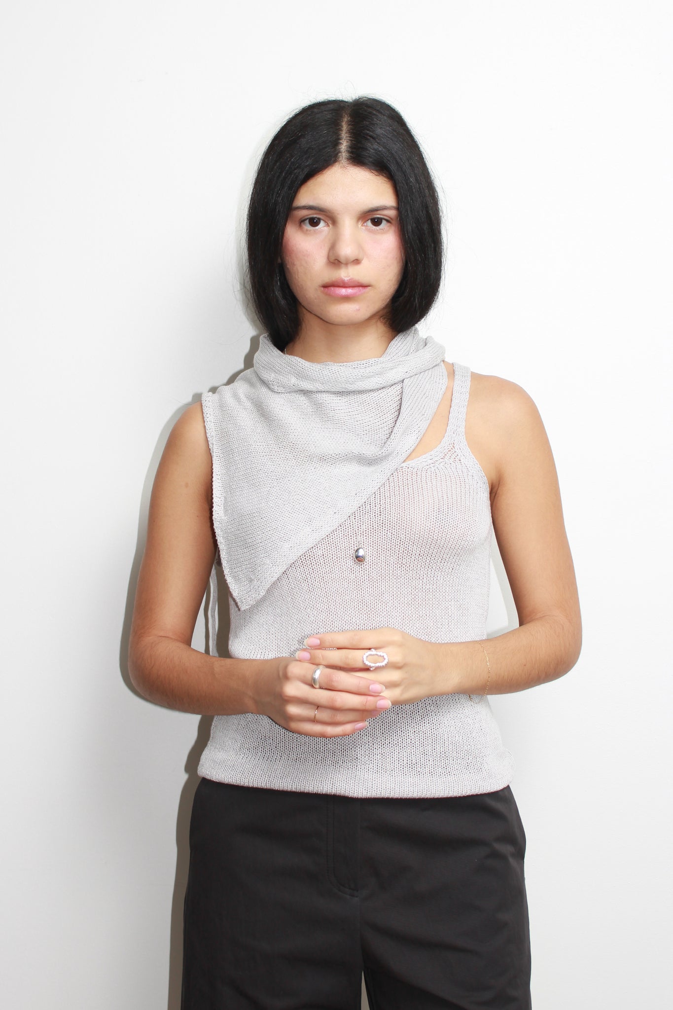 Brie Knit Tank Top w/ Scarf in Light Grey