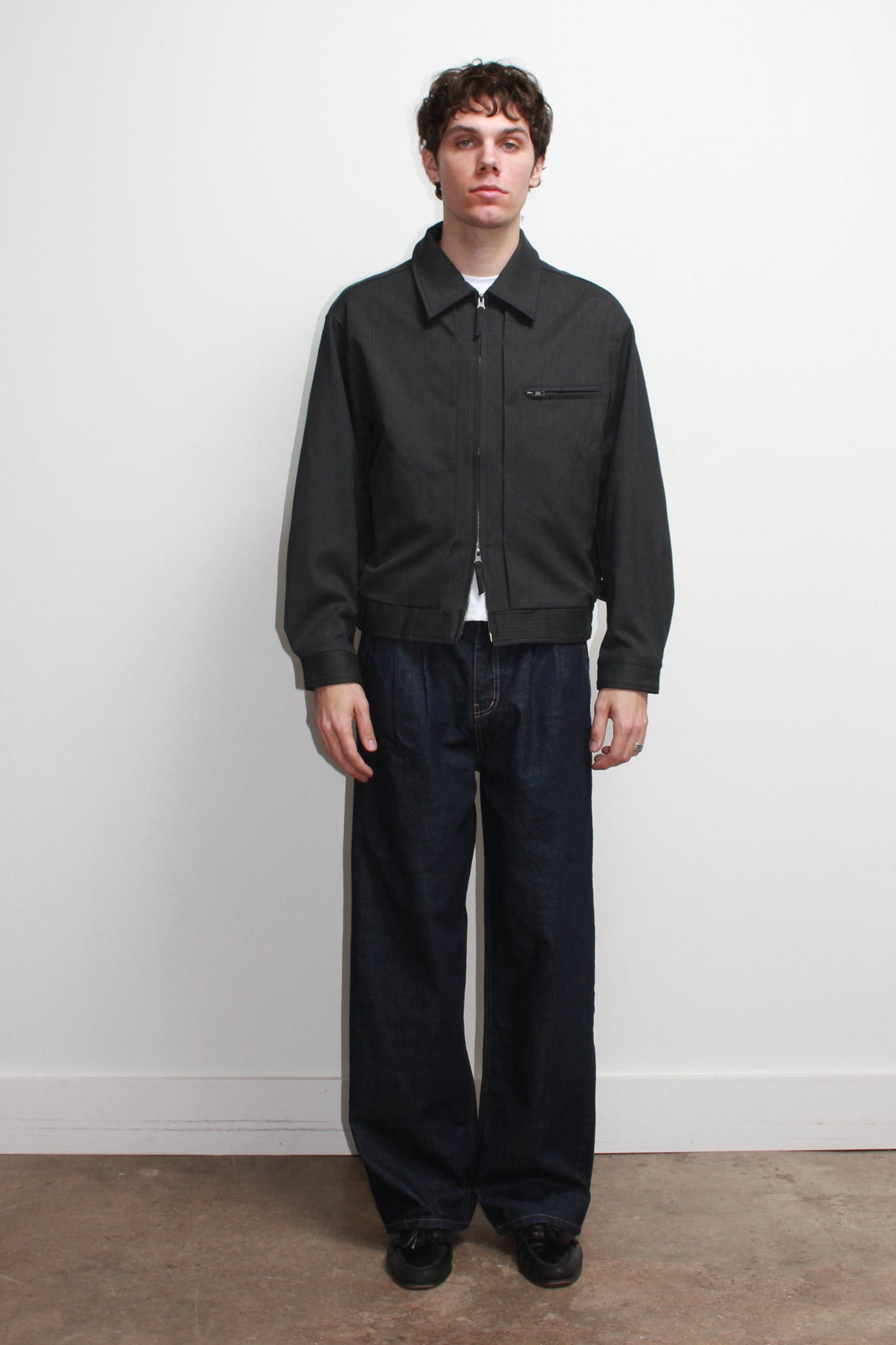 Pin Stripe Pintuck Jacket in Charcoal