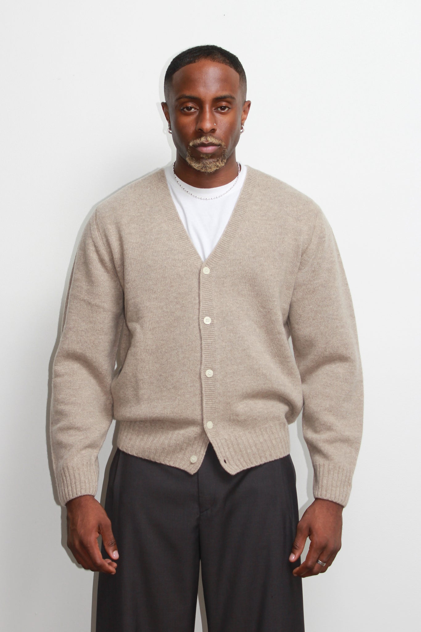 Fine Wool Whole Garment Cardigan in Beige