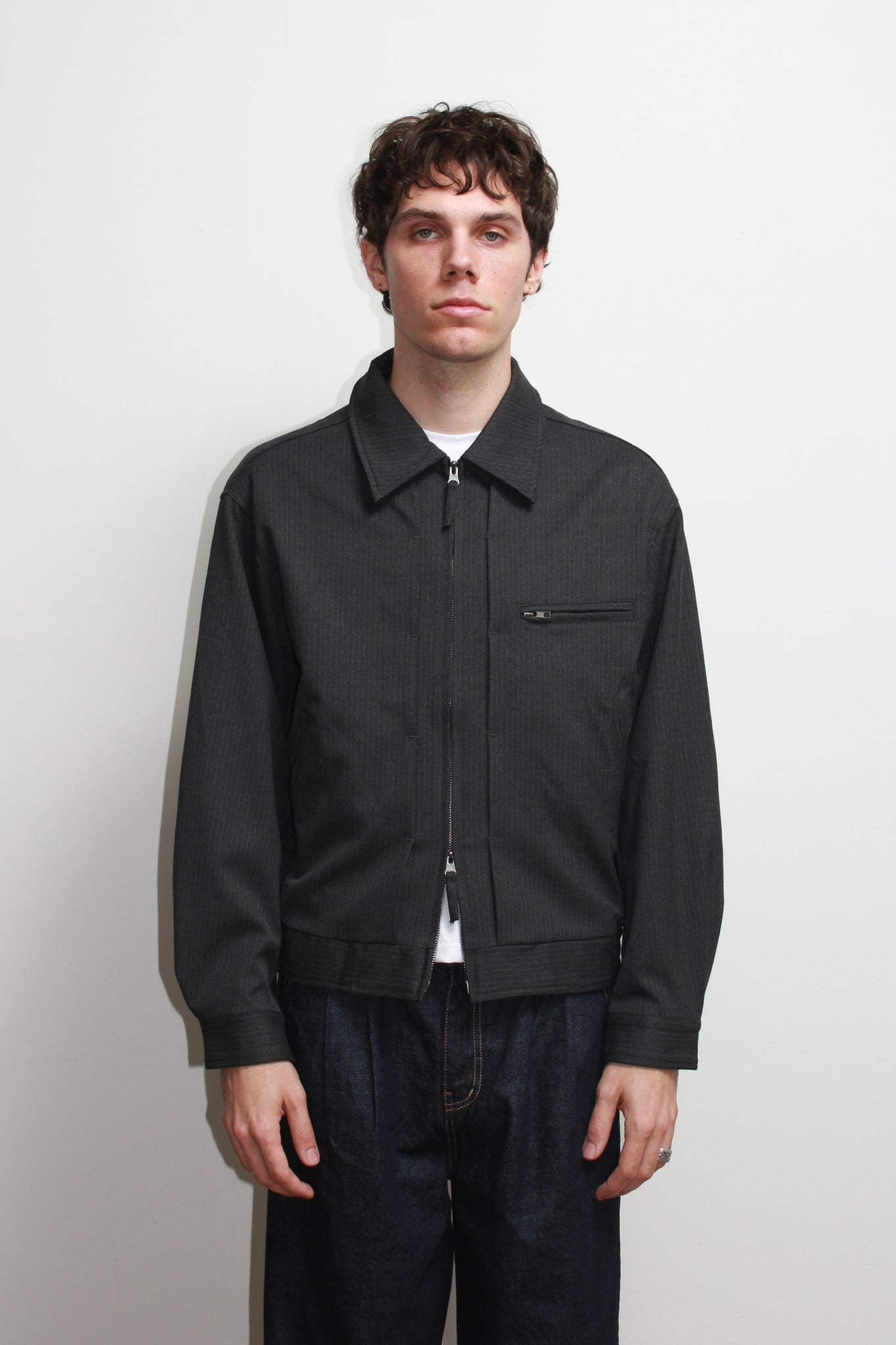 Pin Stripe Pintuck Jacket in Charcoal