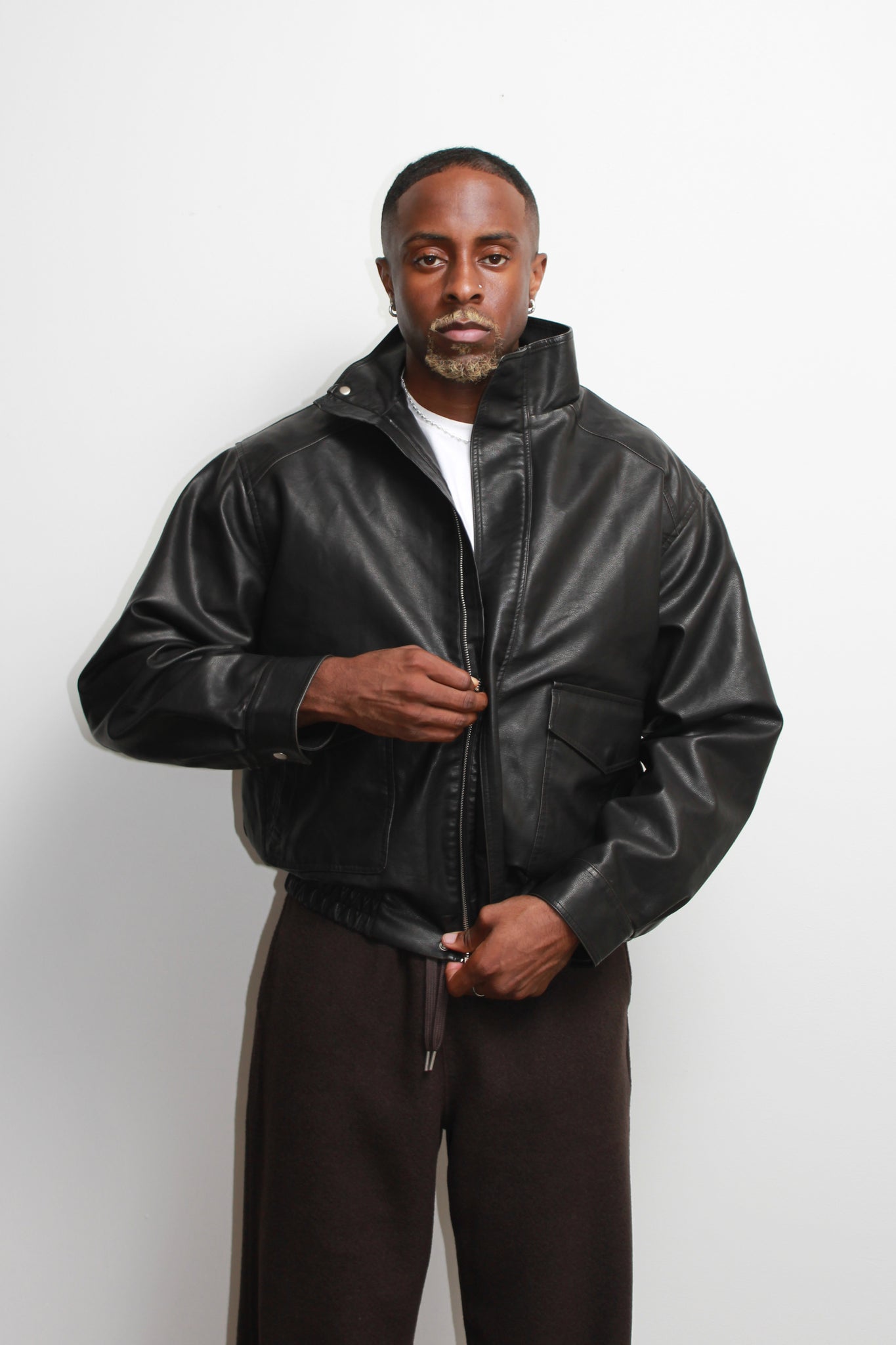 Leroy High Neck Leather Jacket in Black