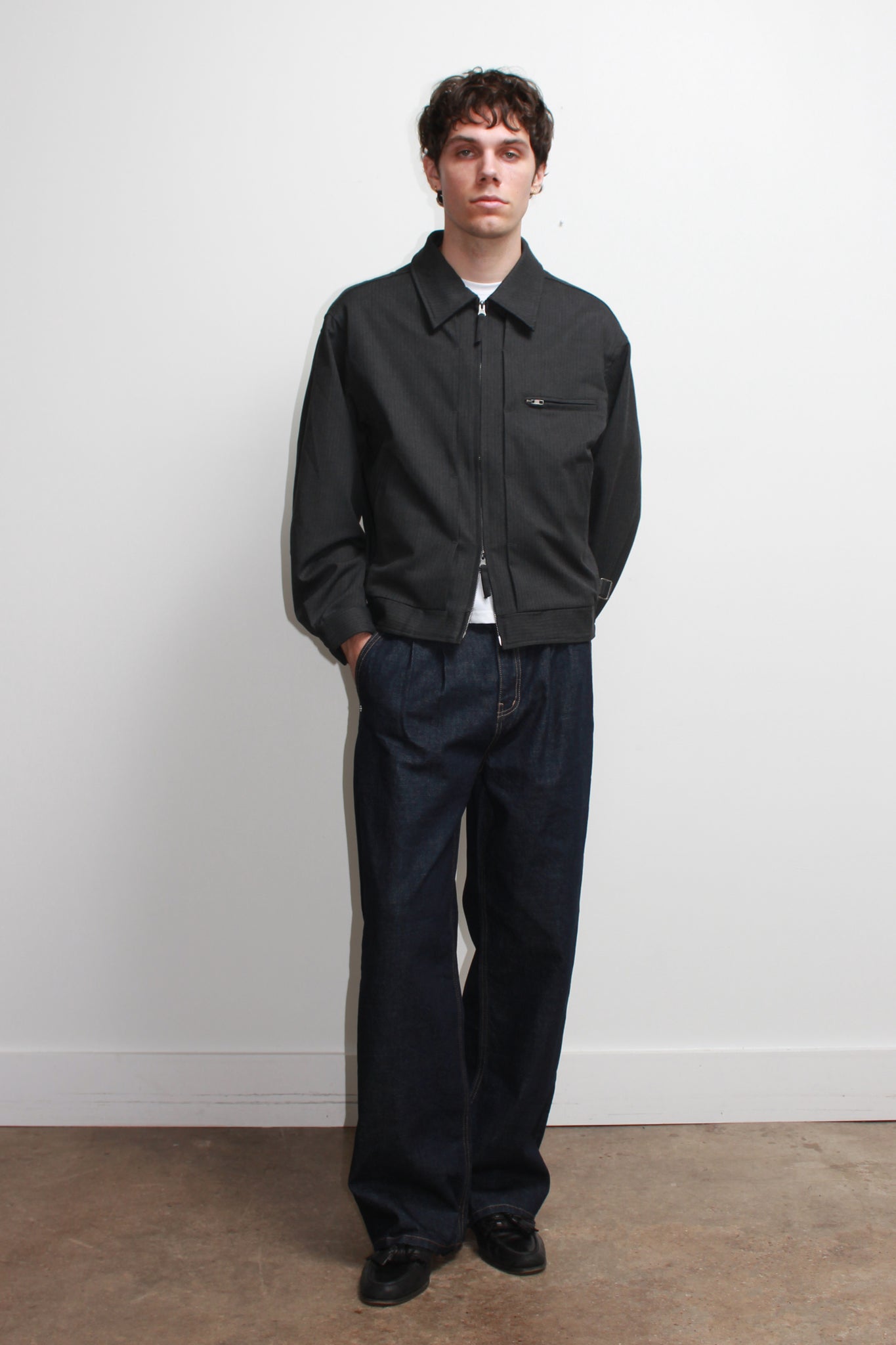 Pin Stripe Pintuck Jacket in Charcoal