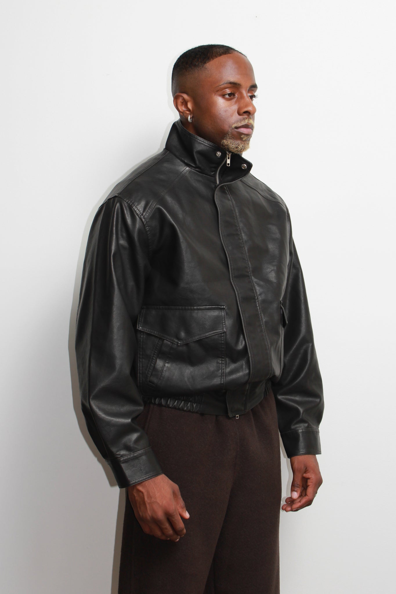 Leroy High Neck Leather Jacket in Black