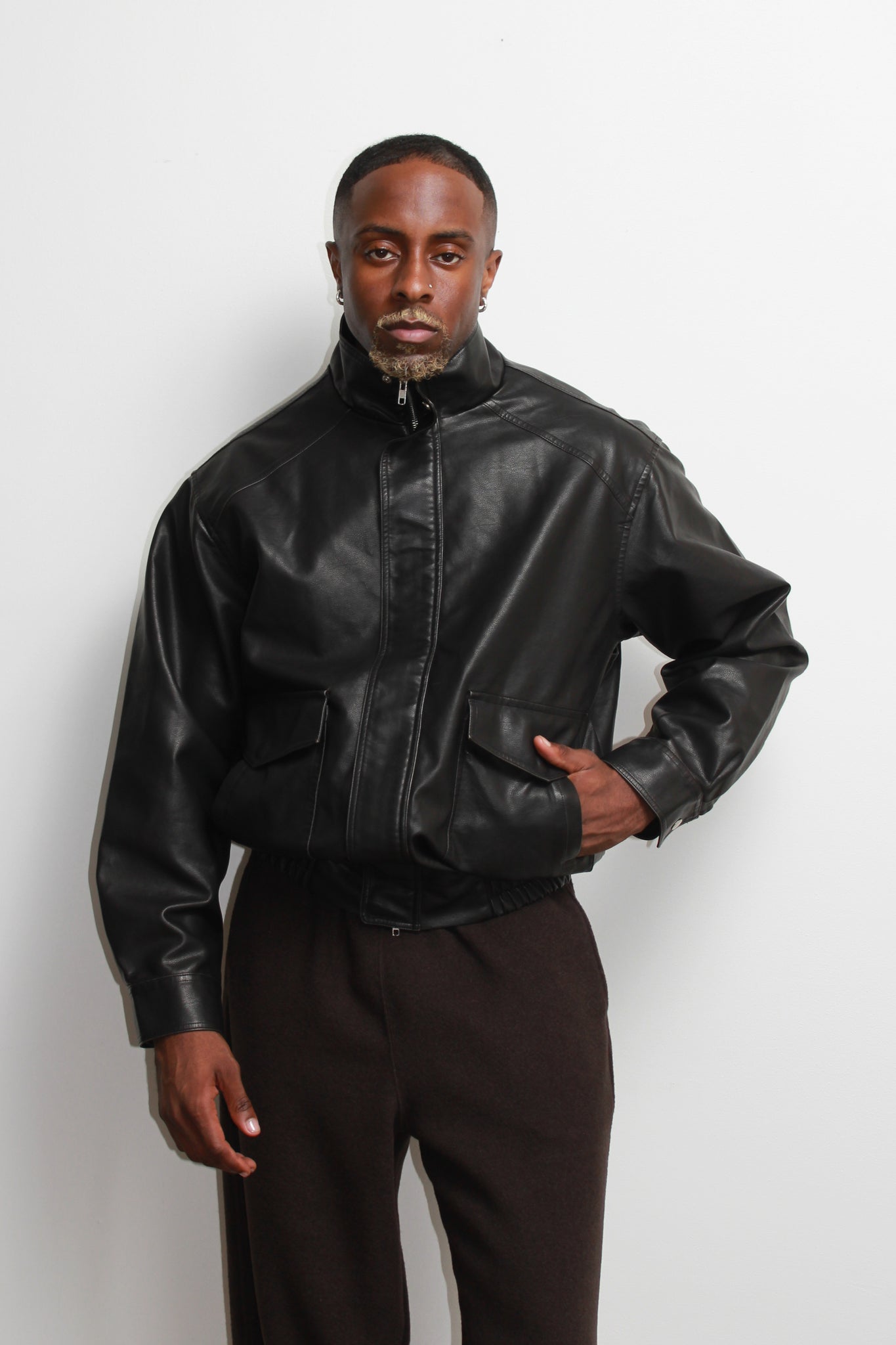 Leroy High Neck Leather Jacket in Black