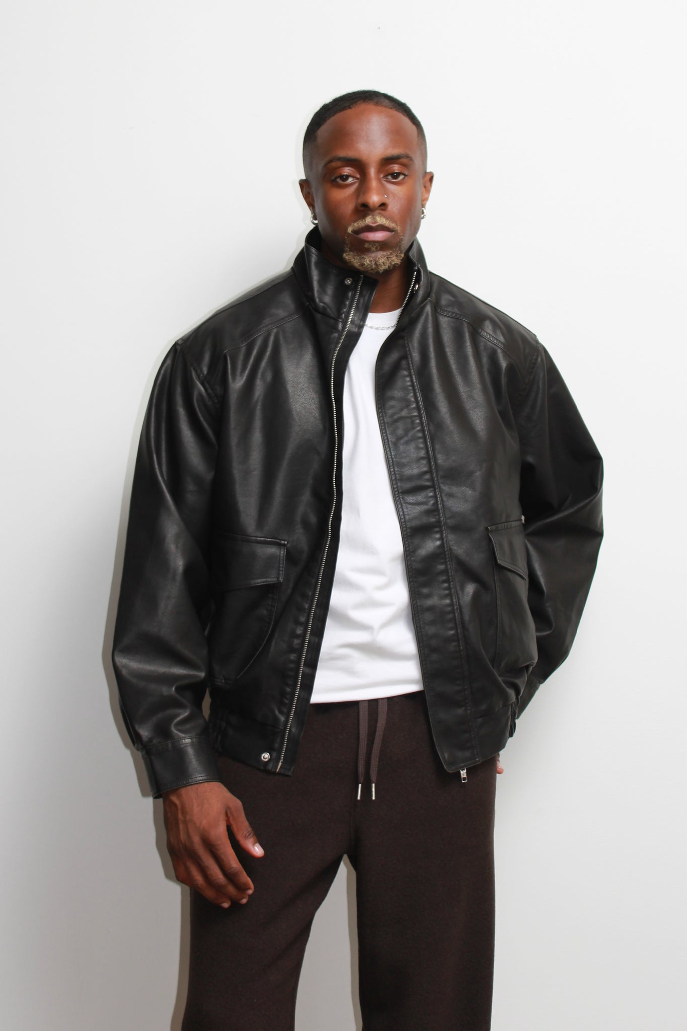 Leroy High Neck Leather Jacket in Black