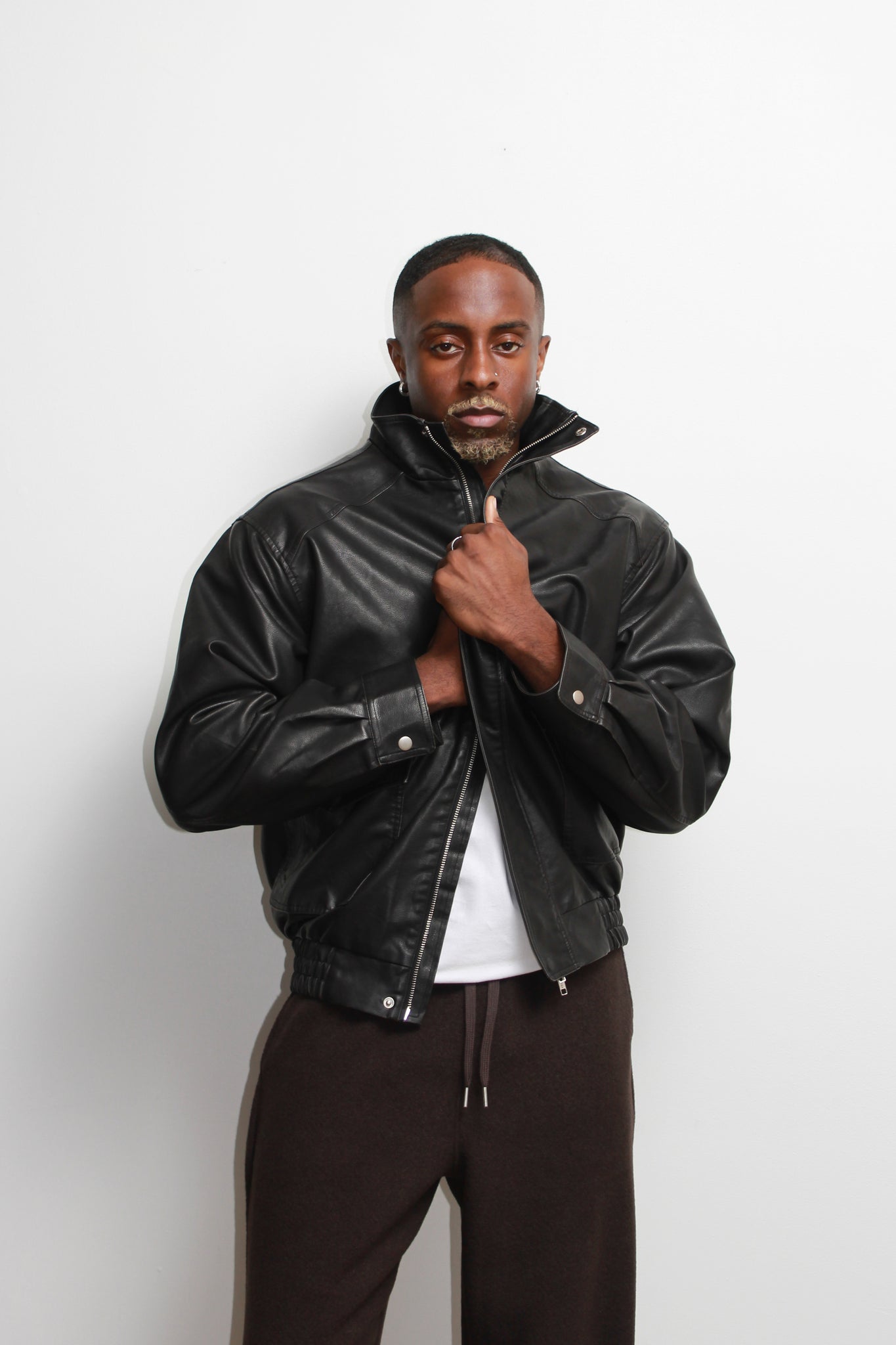 Leroy High Neck Leather Jacket in Black