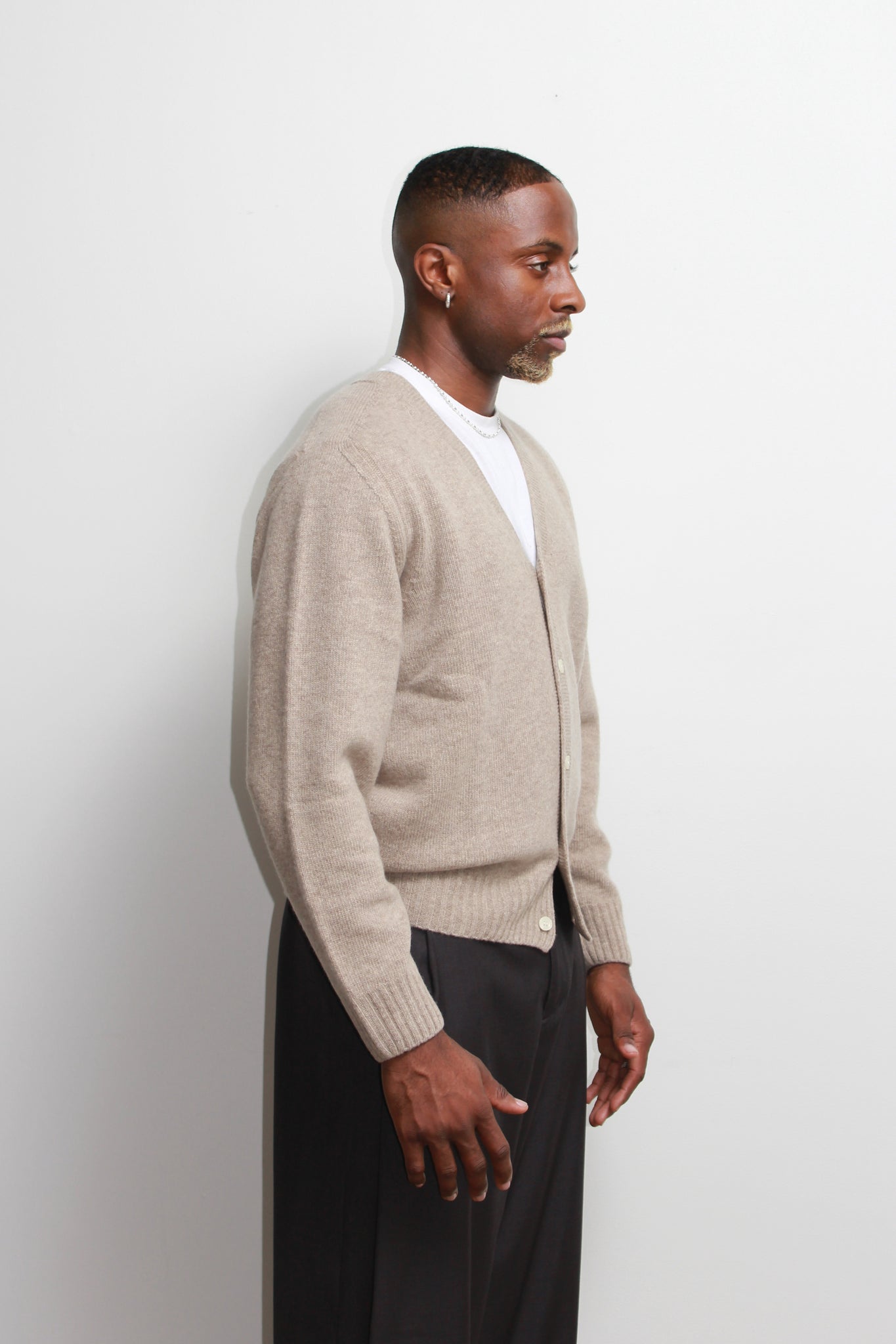 Fine Wool Whole Garment Cardigan in Beige