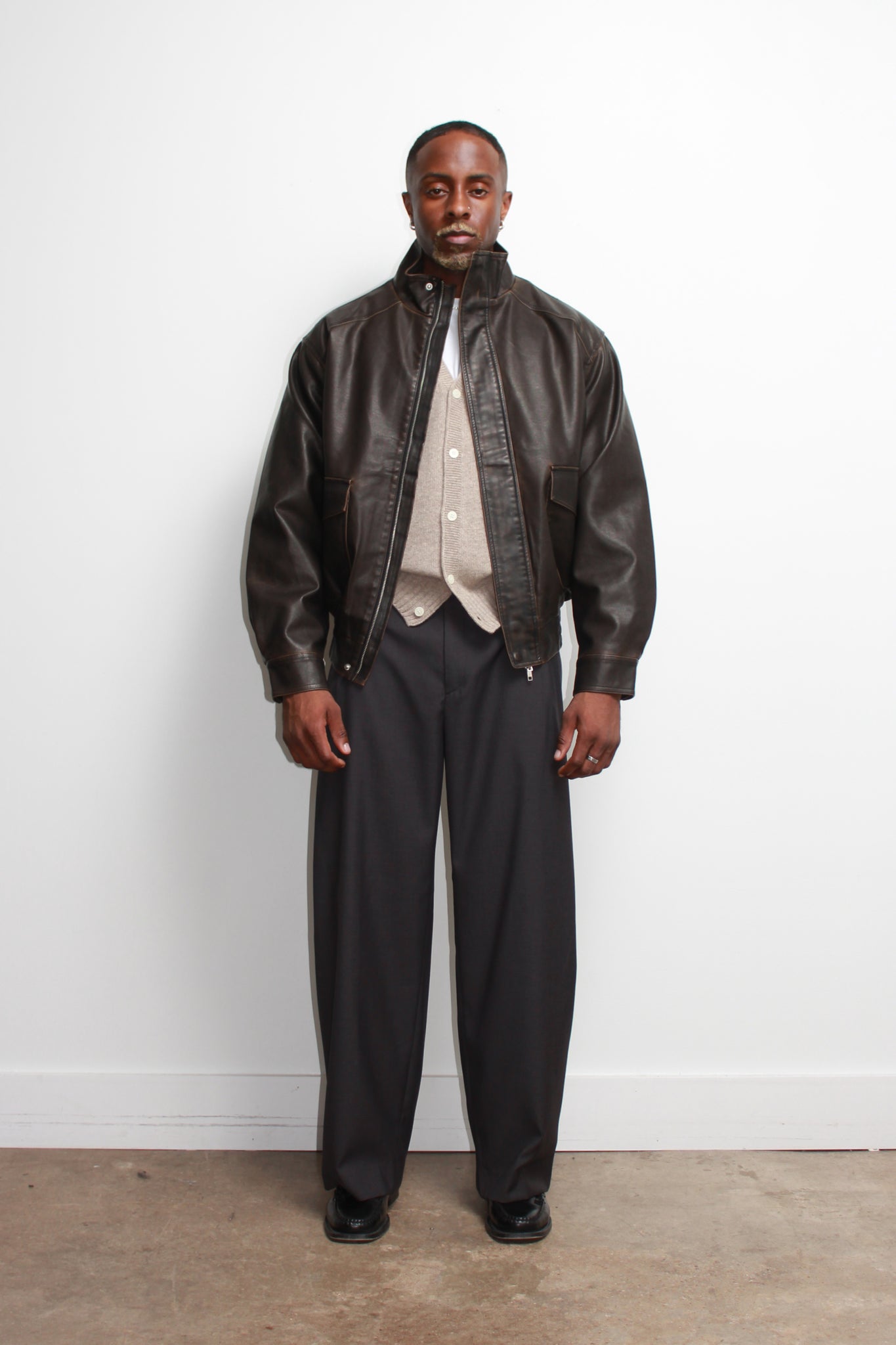 Leroy High Neck Leather Jacket in Brown