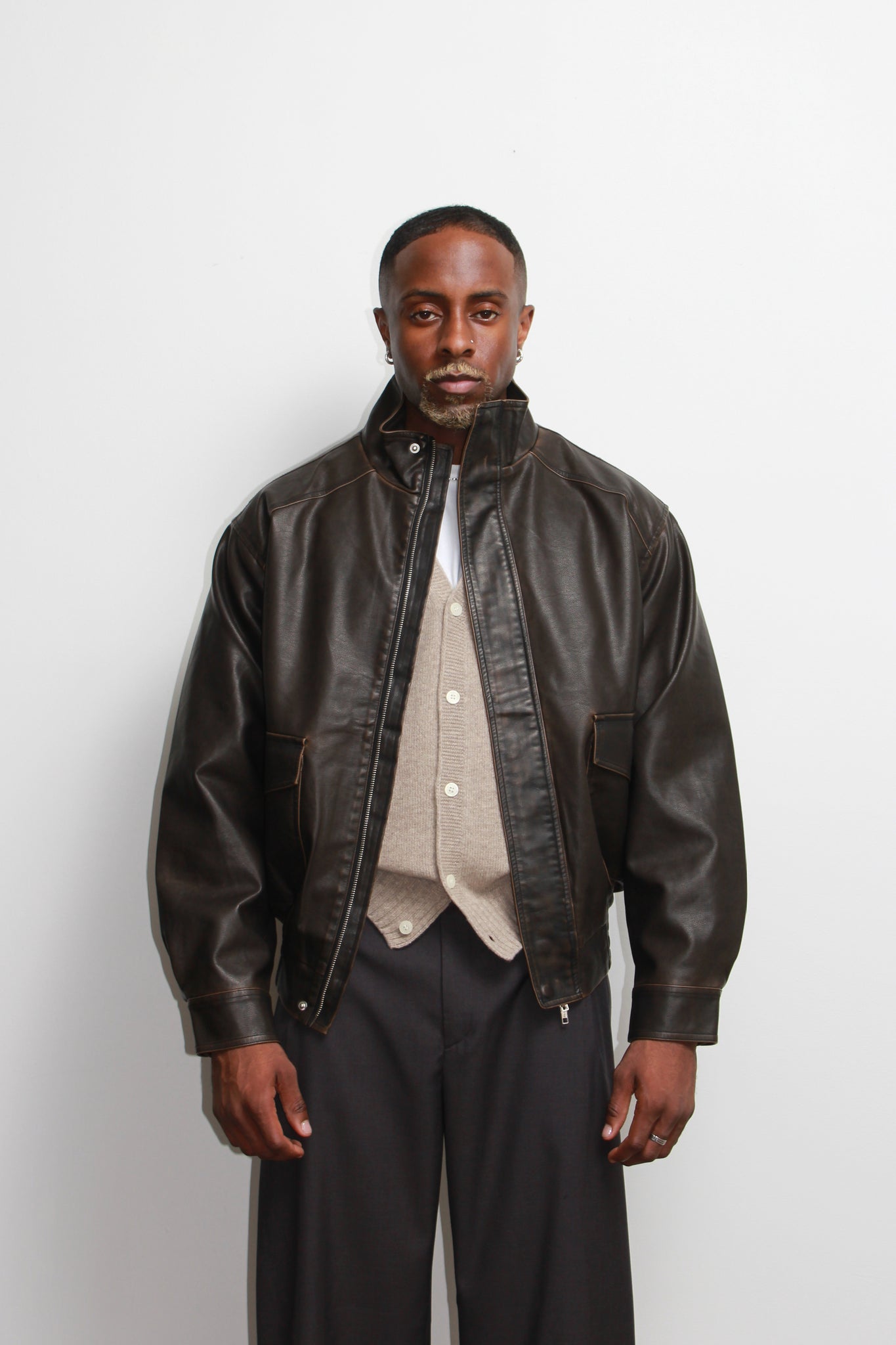 Leroy High Neck Leather Jacket in Brown
