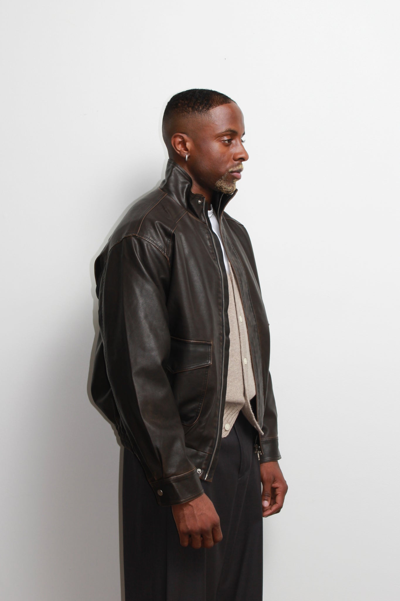 Leroy High Neck Leather Jacket in Brown