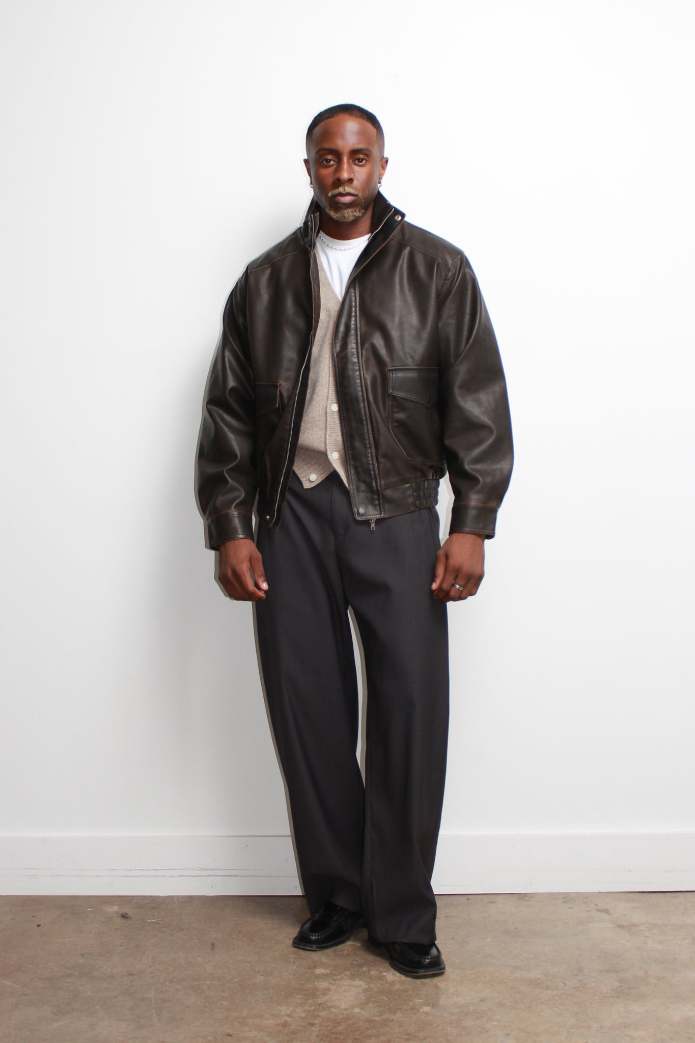 Leroy High Neck Leather Jacket in Brown