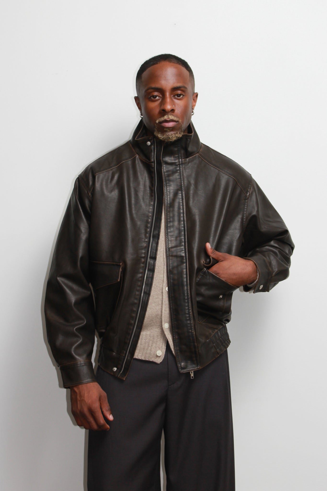 Leroy High Neck Leather Jacket in Brown
