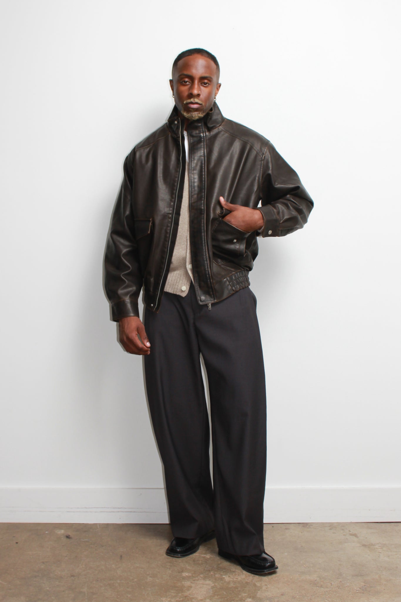 Leroy High Neck Leather Jacket in Brown