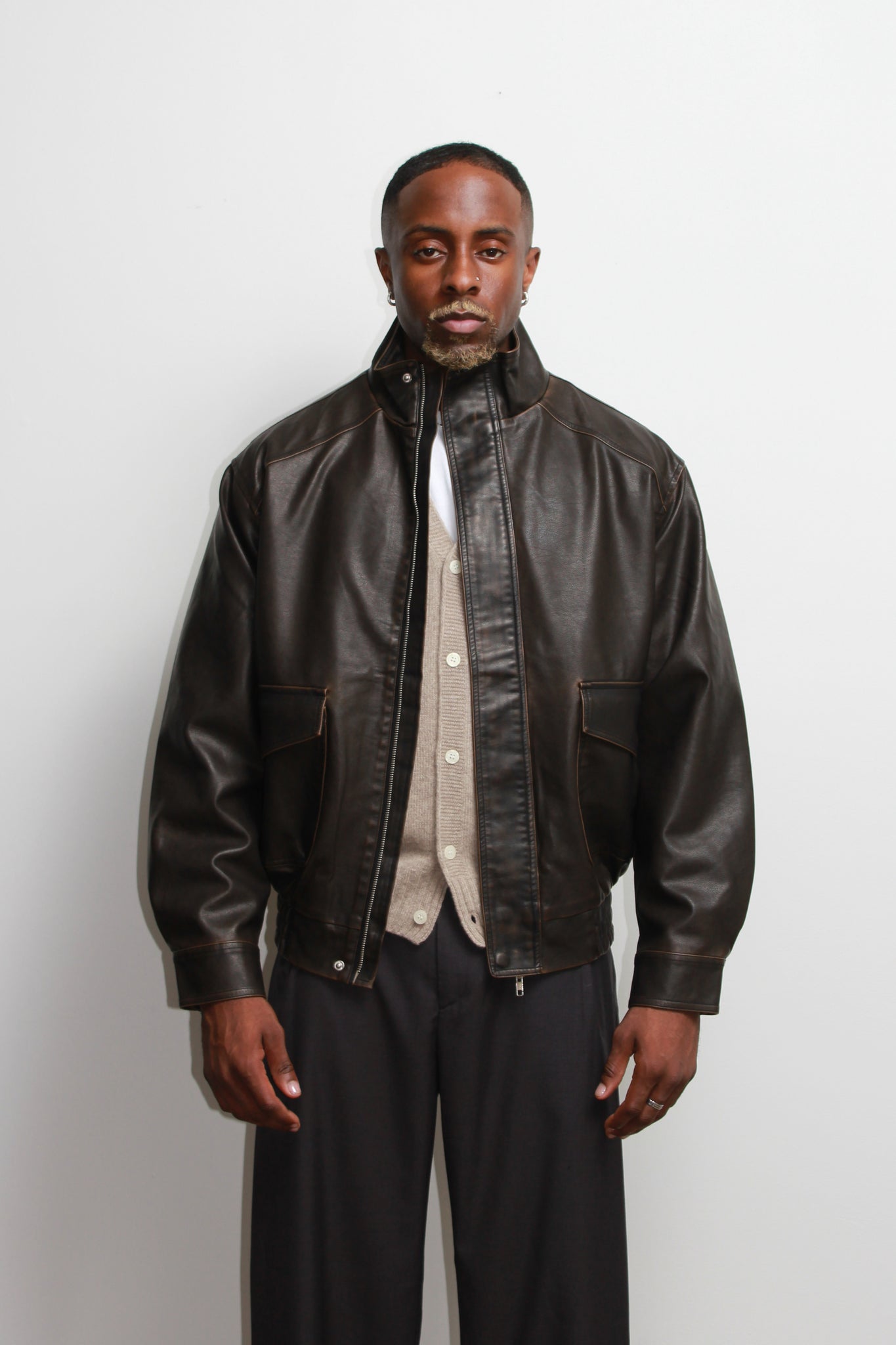 Leroy High Neck Leather Jacket in Brown