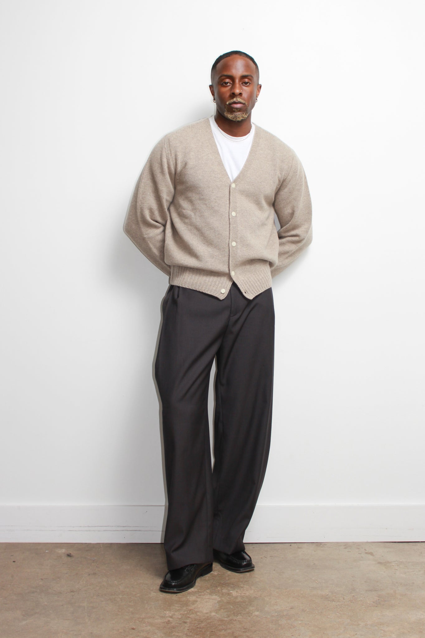 Fine Wool Whole Garment Cardigan in Beige