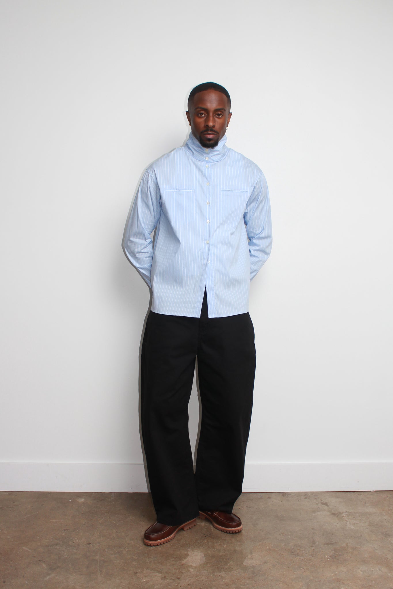 Moa High Neck Stripe Shirt in Blue