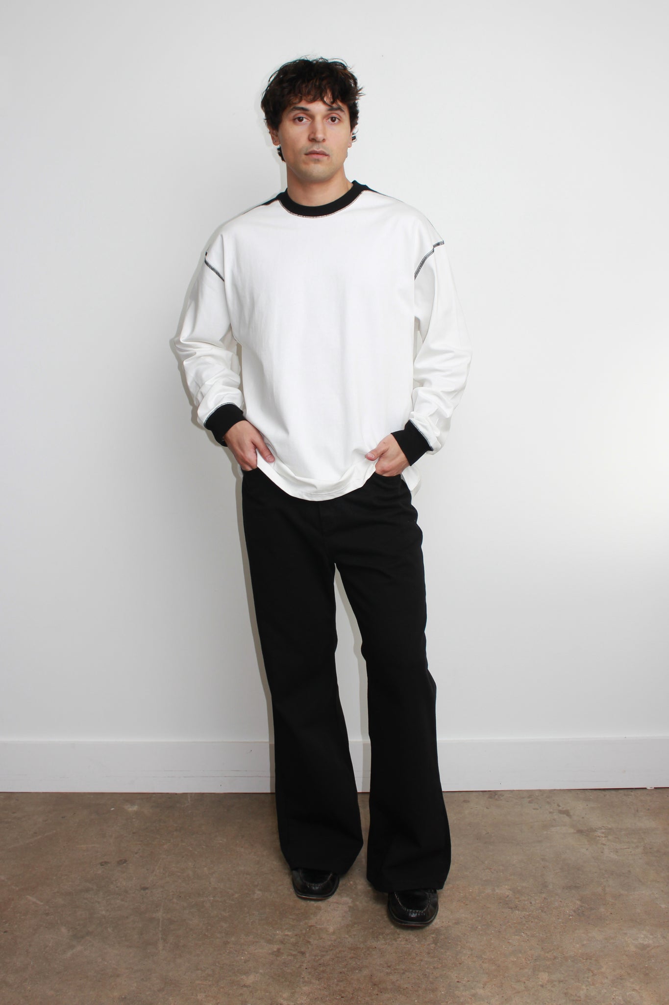 Contrast stitch long sleeve T-shirt in Black