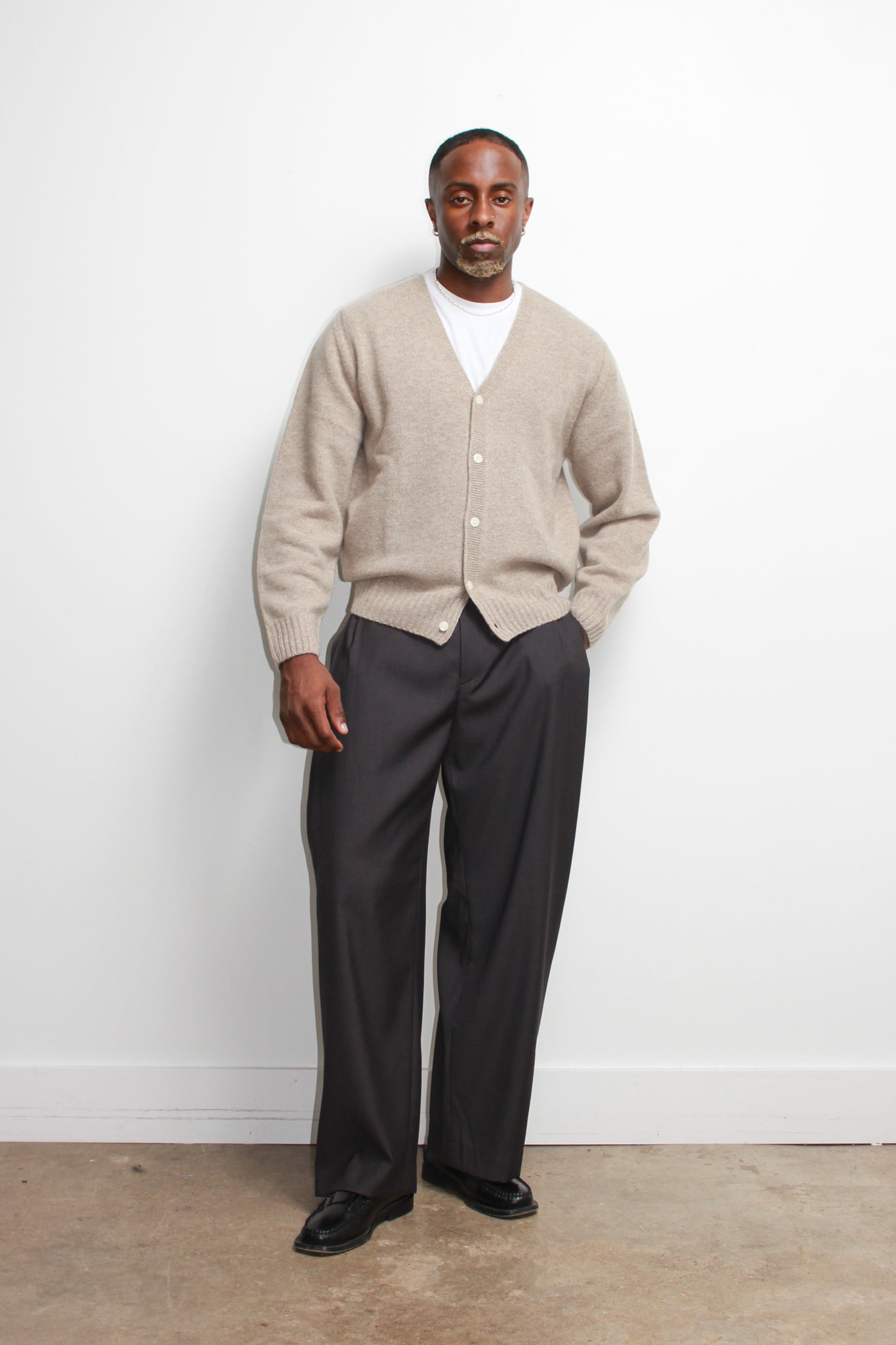 Fine Wool Whole Garment Cardigan in Beige