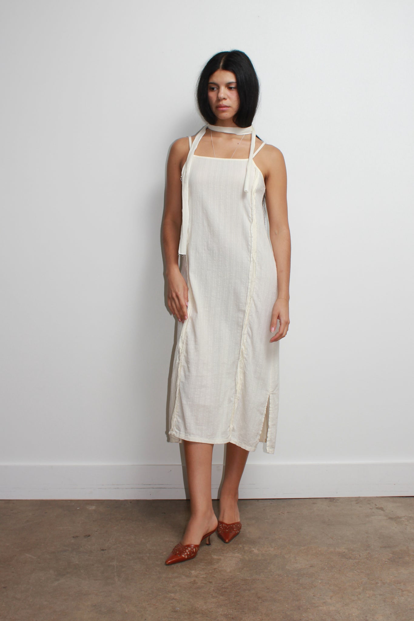 Raw Hem Pleated Scarf Dress in Black