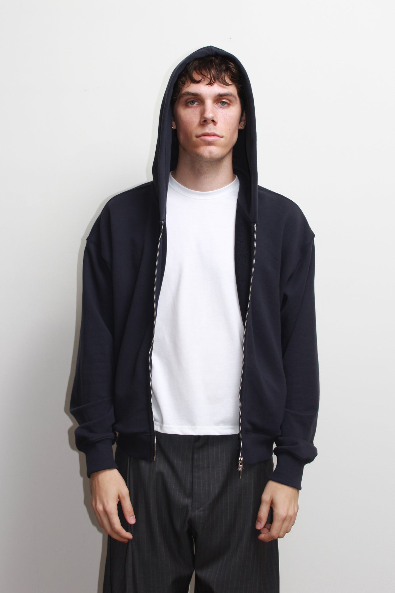 Lemay Crop Hood Zip Up in Navy