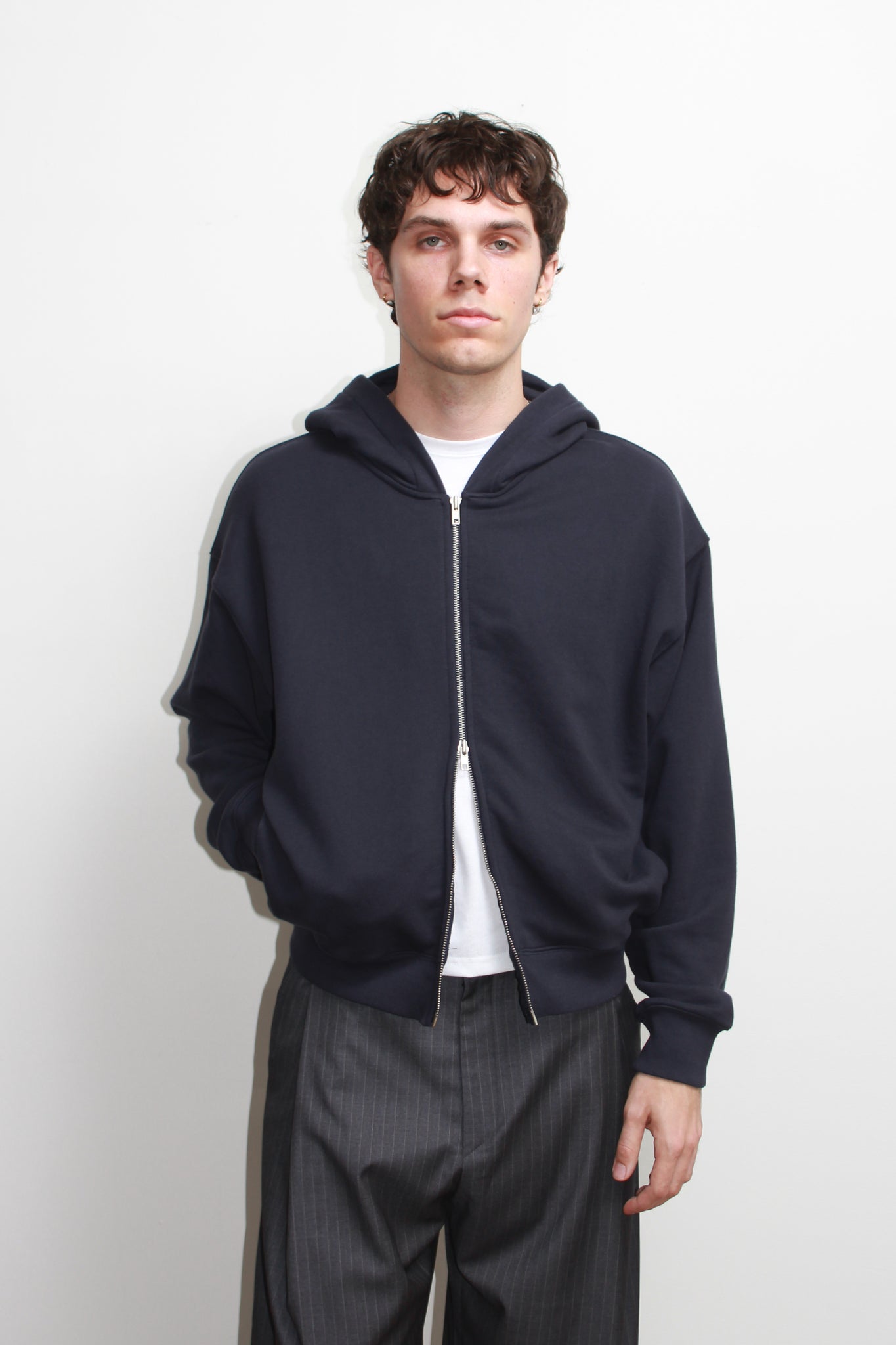 Lemay Crop Hood Zip Up in Navy