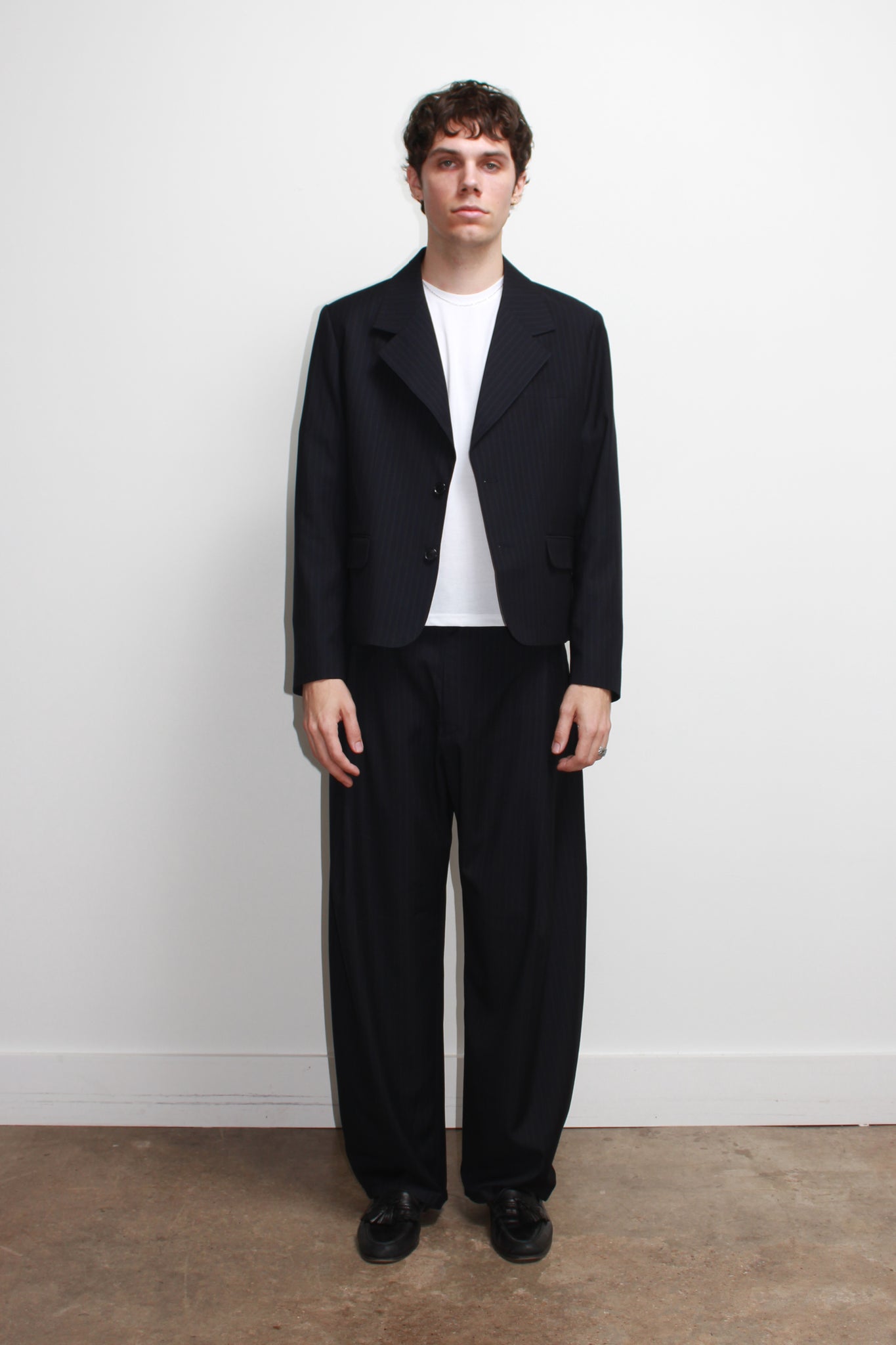Jenna Pin Stripe Crop Blazer in Navy