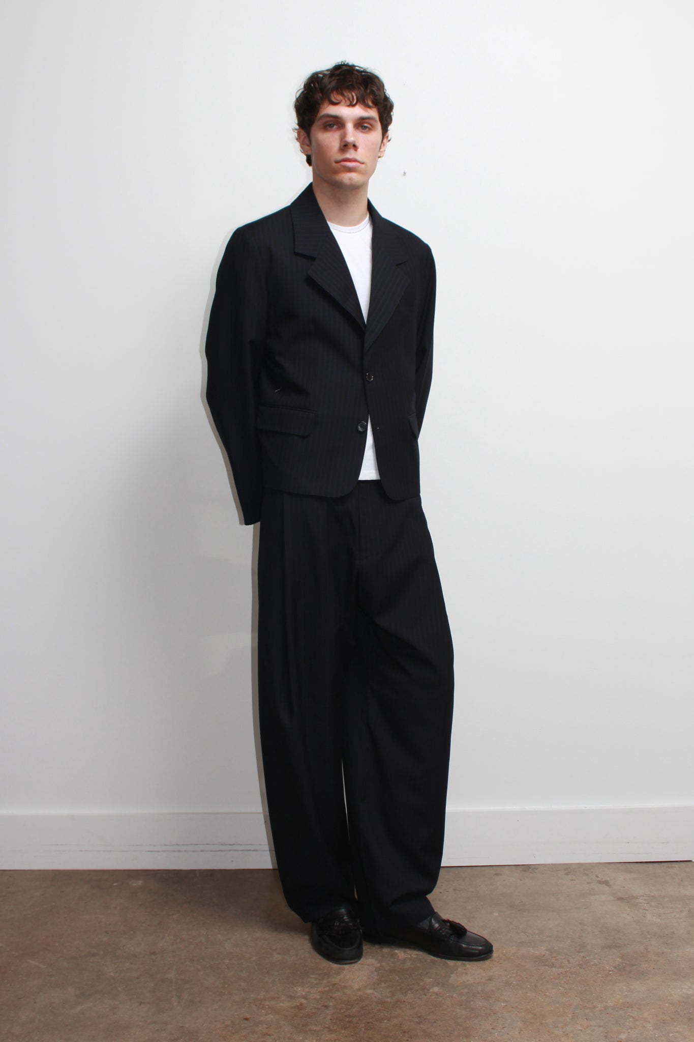 Jenna Pin Stripe Crop Blazer in Navy