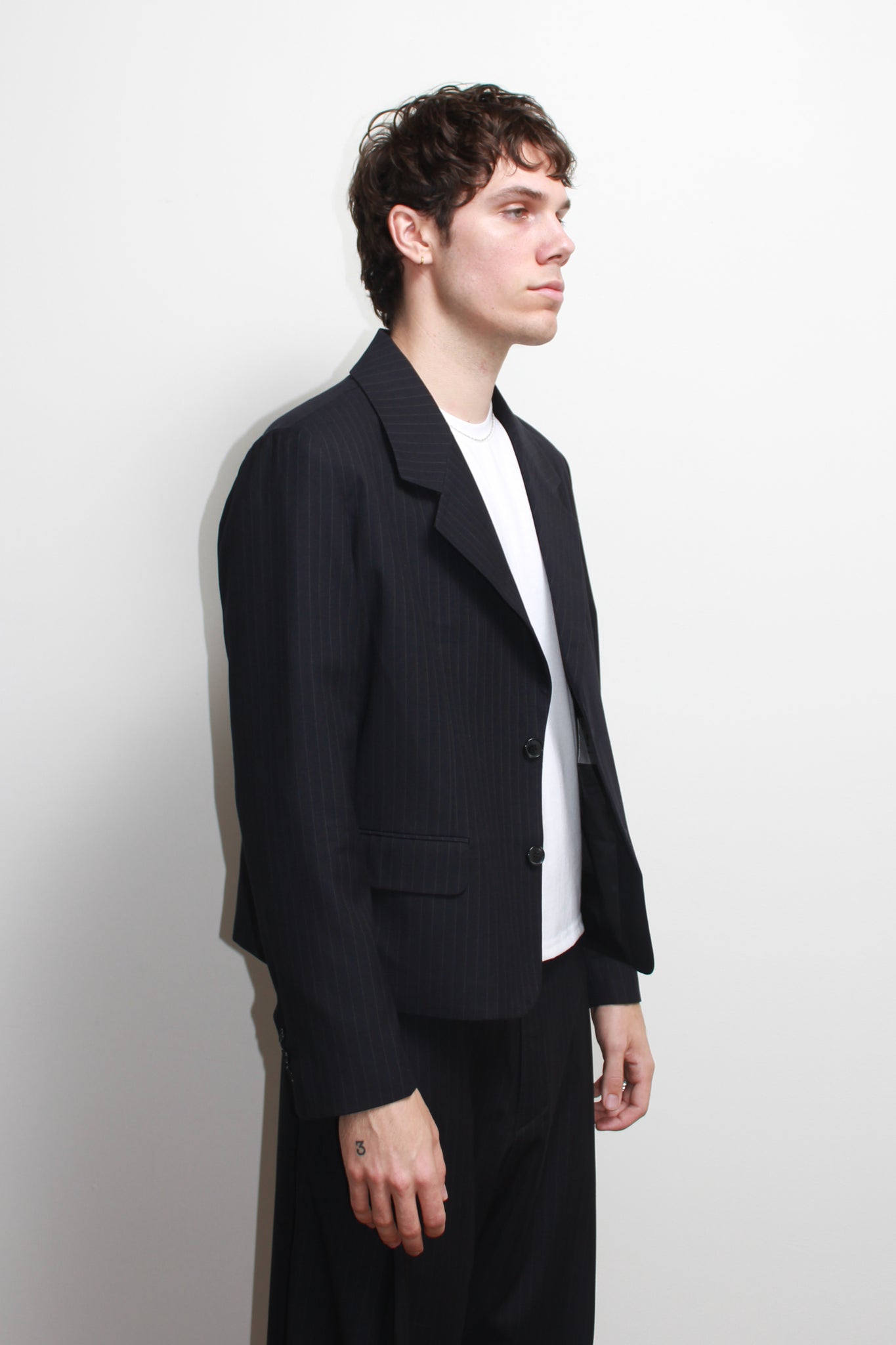 Jenna Pin Stripe Crop Blazer in Navy