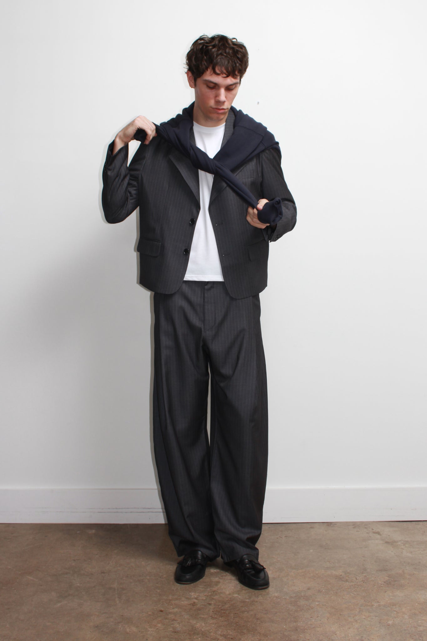 Jenna Pin Stripe Crop Blazer in Charcoal