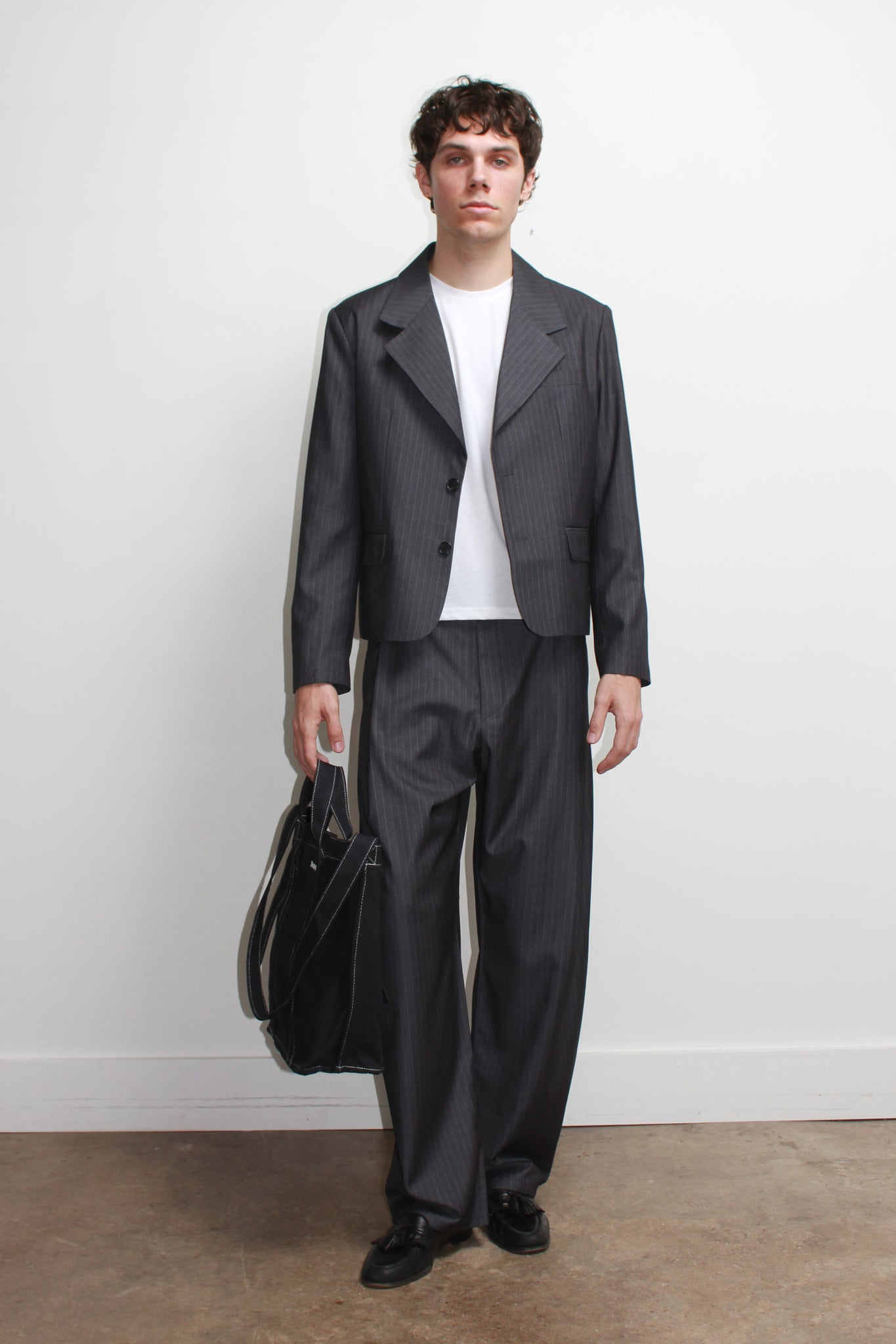 Jenna Pin Stripe Crop Blazer in Charcoal