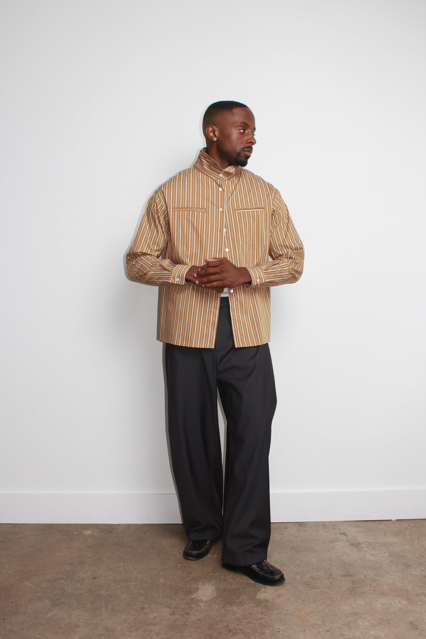 Moa High Neck Stripe Shirt in Brown