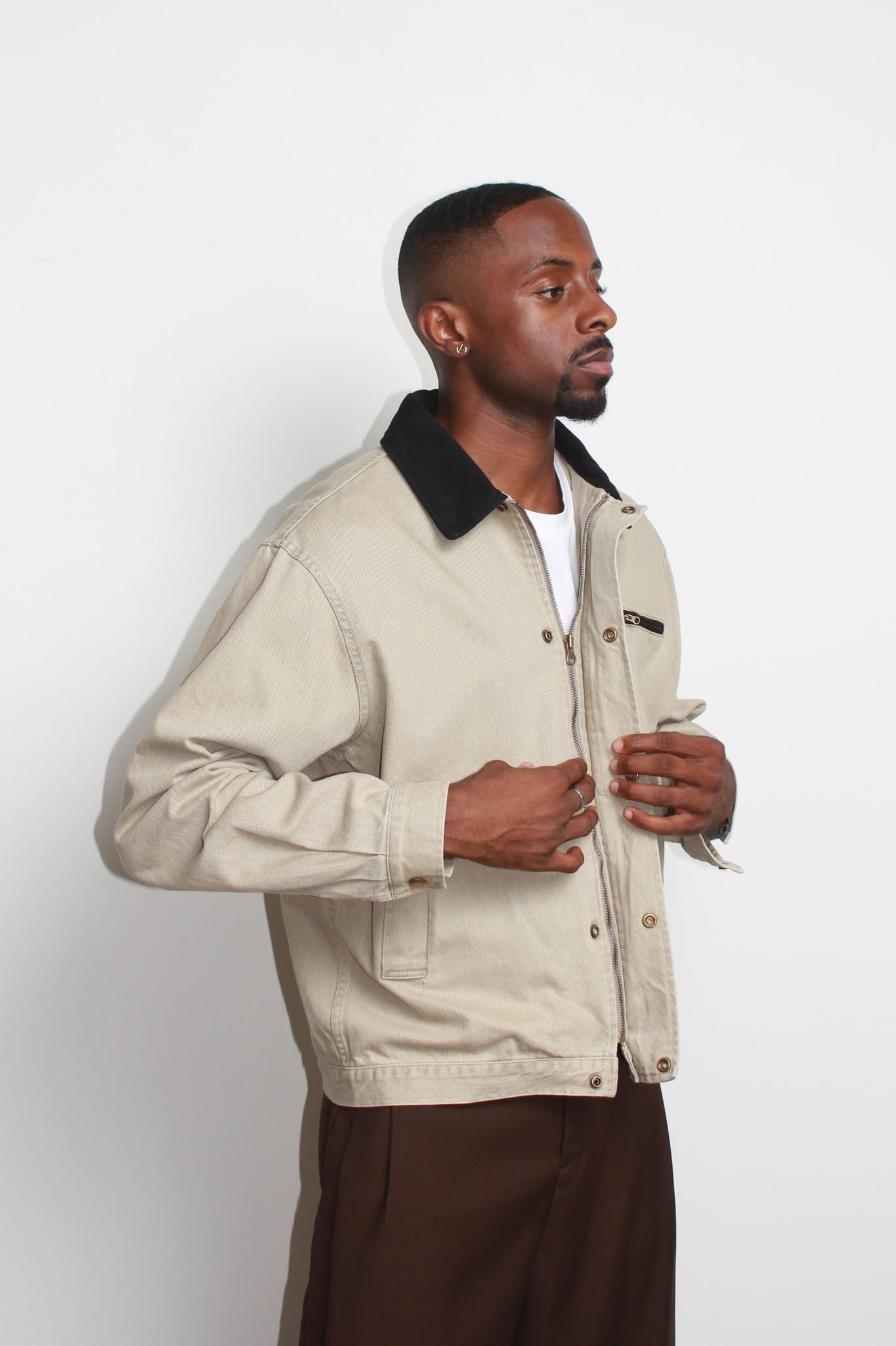 Collar Contrast Washed Jacket in Beige