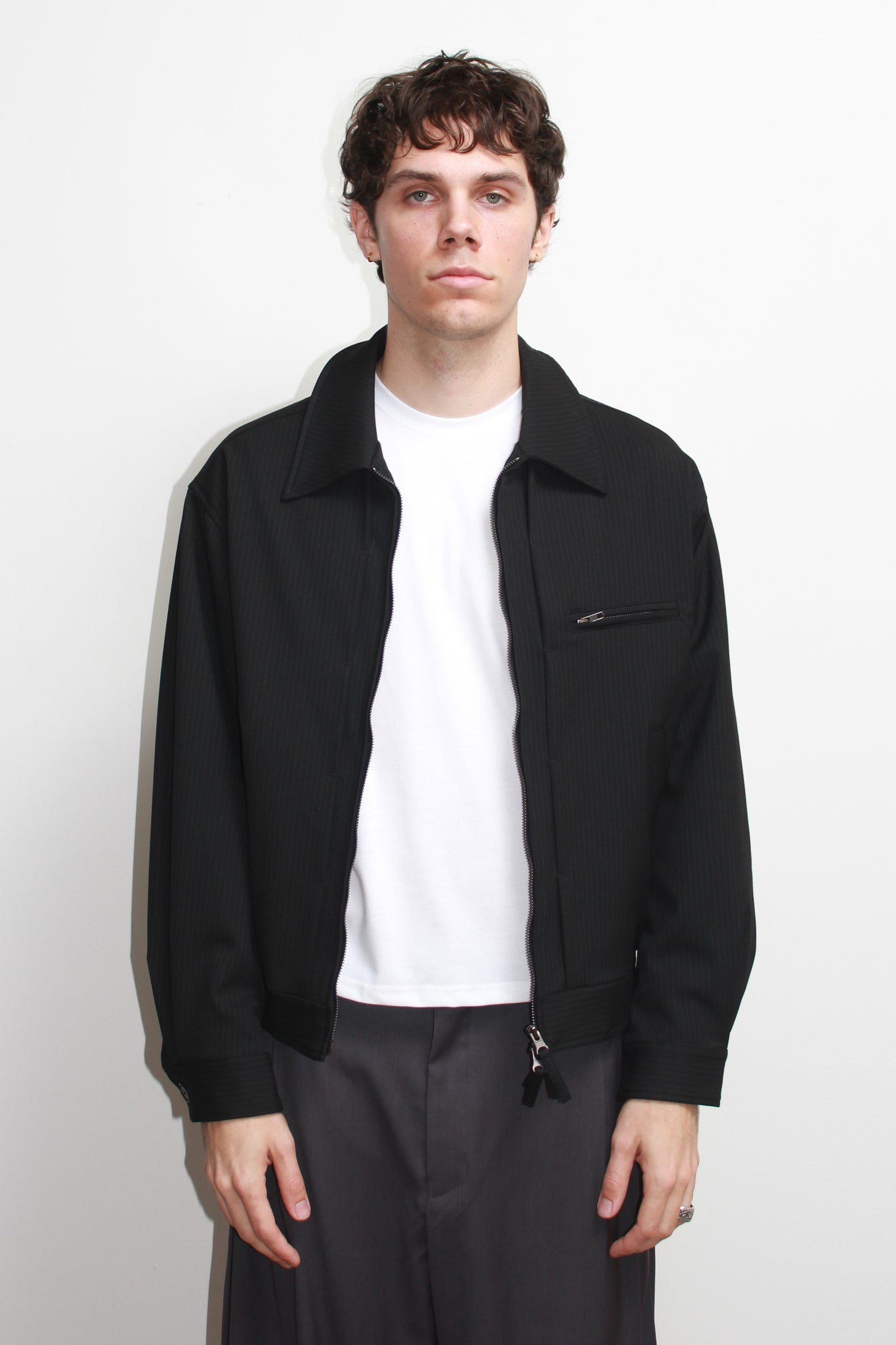 Pin Stripe Pintuck Jacket in Black