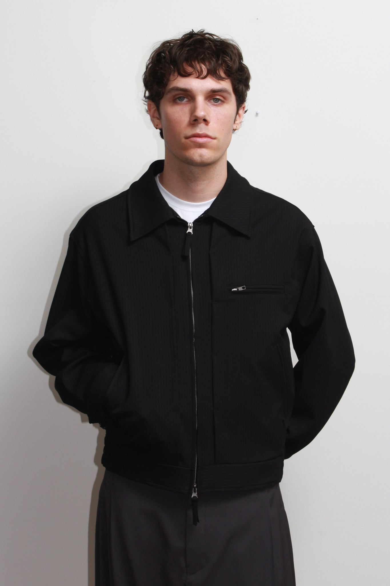 Pin Stripe Pintuck Jacket in Black