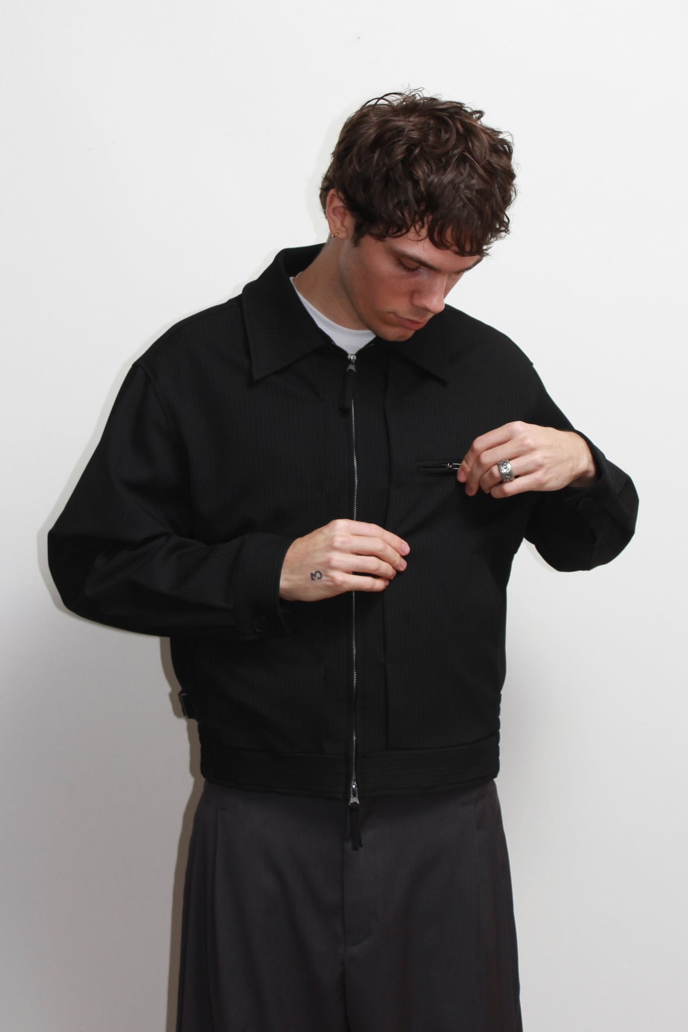 Pin Stripe Pintuck Jacket in Black
