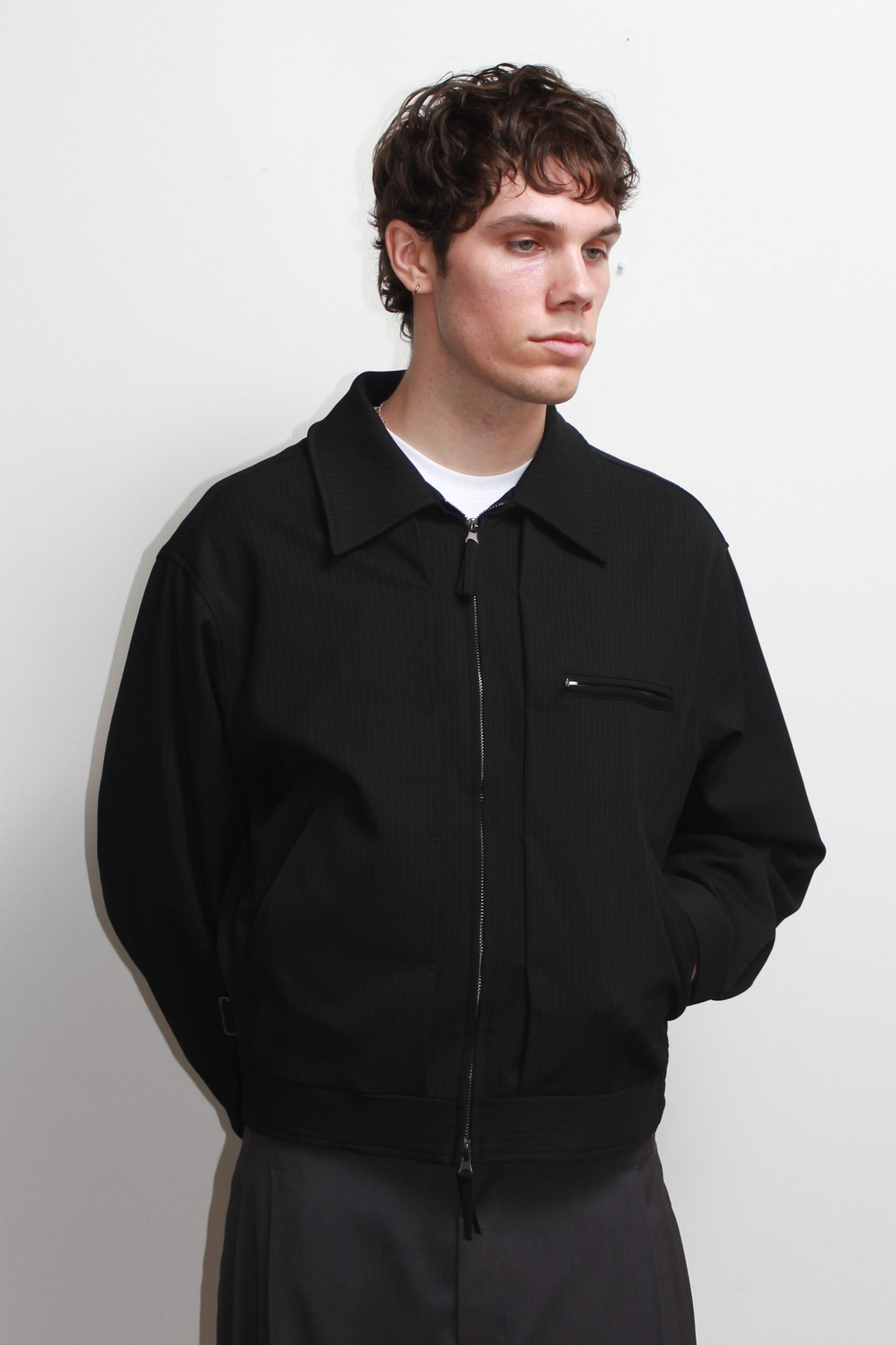 Pin Stripe Pintuck Jacket in Black