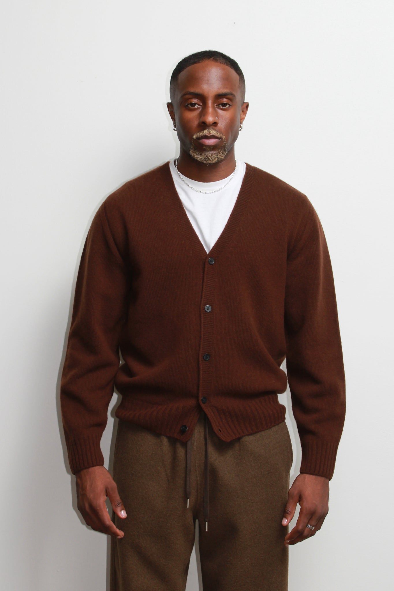 Fine Wool Whole Garment Cardigan in Brown