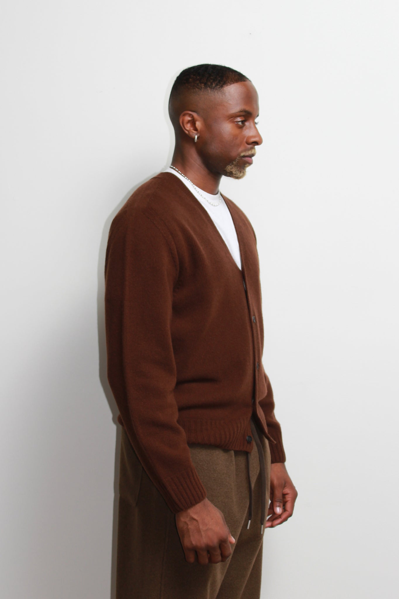 Fine Wool Whole Garment Cardigan in Brown