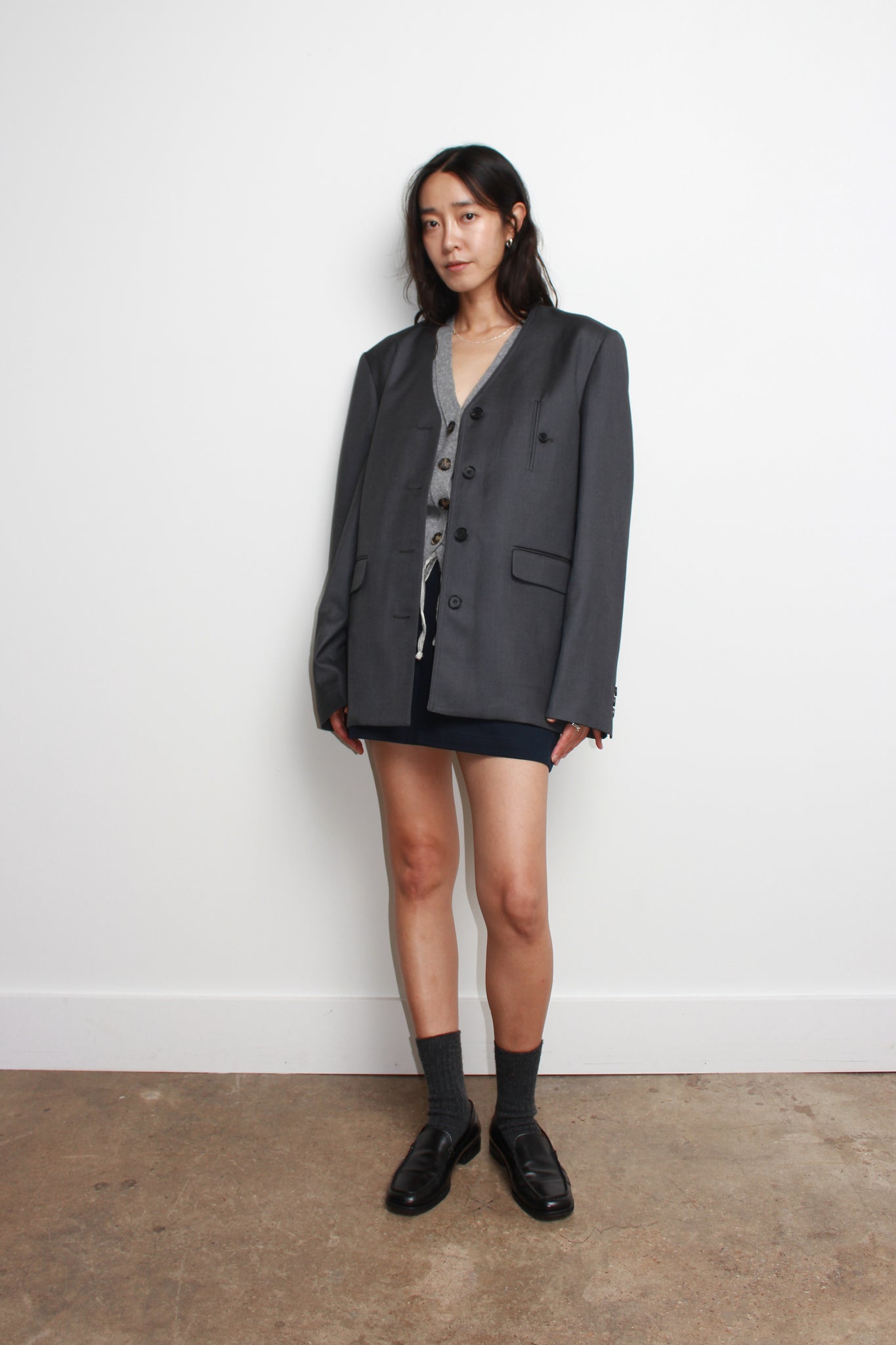 RT Wool Collarless Blazer in Charcoal