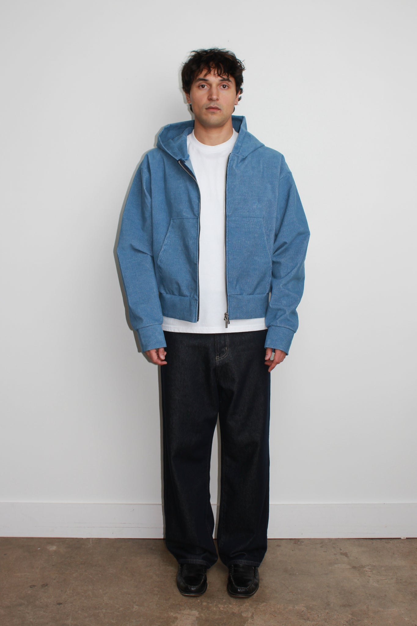 Corduroy Hood Zip-Up in Light Blue