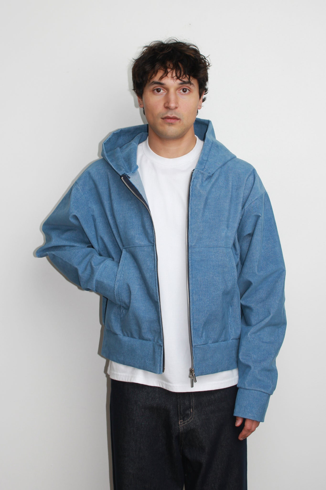 Corduroy Hood Zip-Up in Light Blue