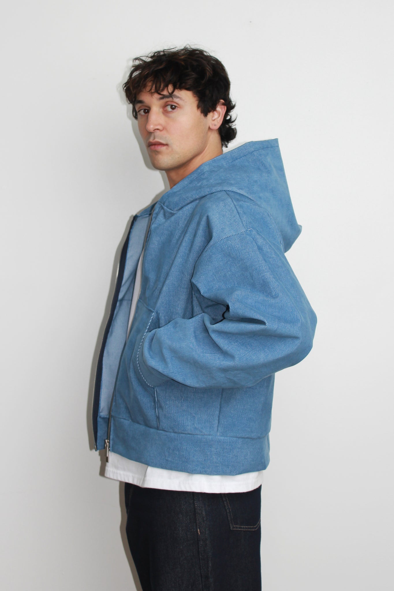 Corduroy Hood Zip-Up in Light Blue