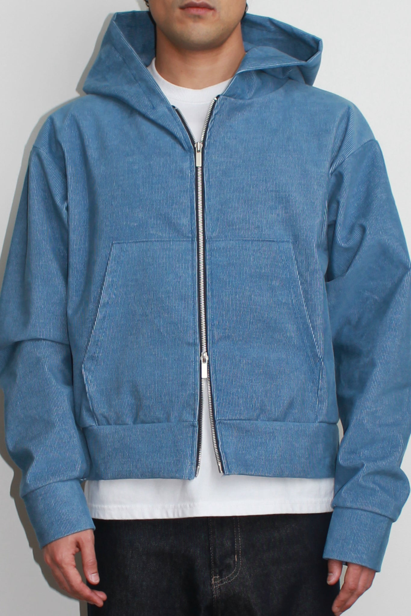 Corduroy Hood Zip-Up in Light Blue