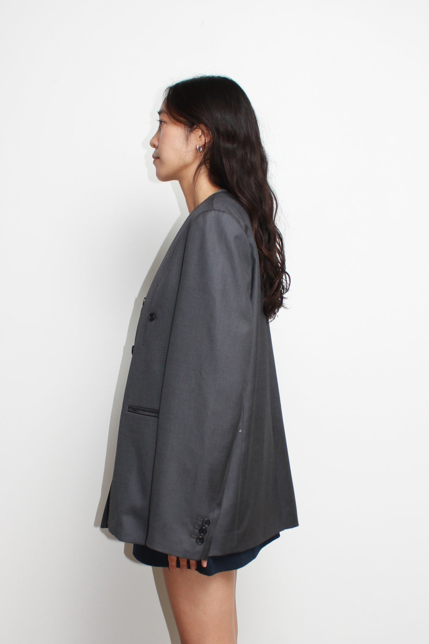 RT Wool Collarless Blazer in Charcoal