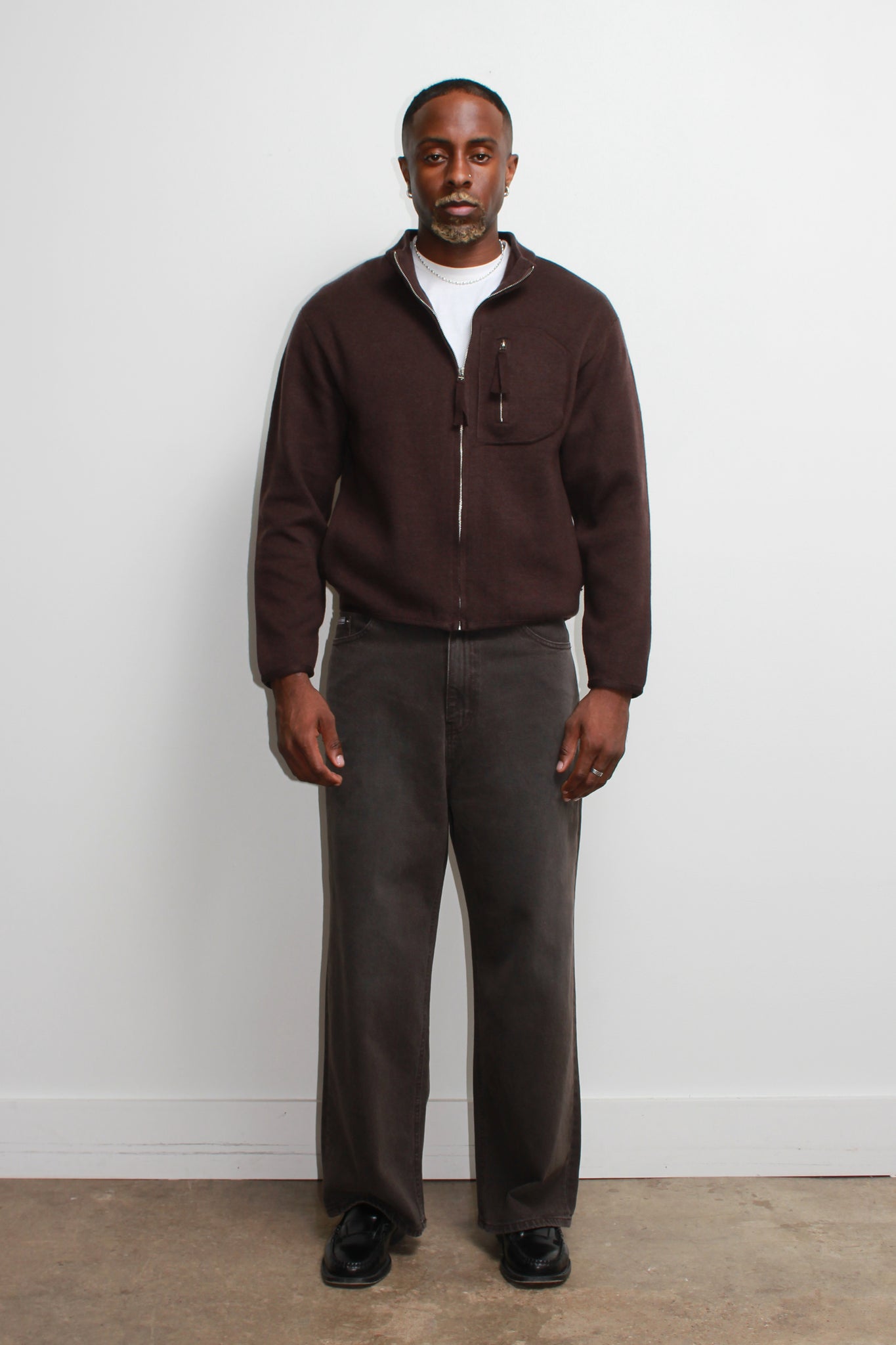 Written Pocket Zip Up Jacket in Brown