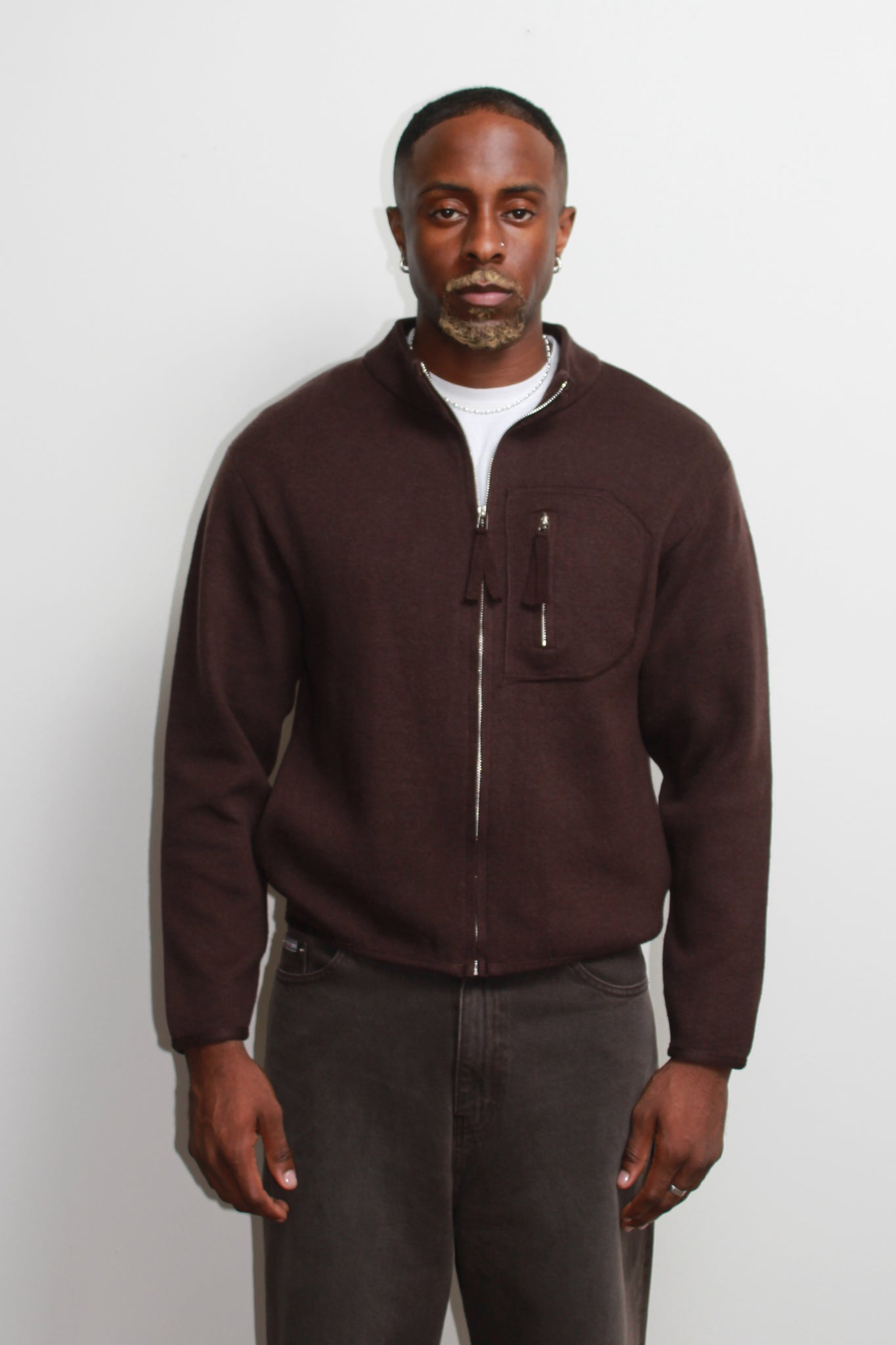 Written Pocket Zip Up Jacket in Brown