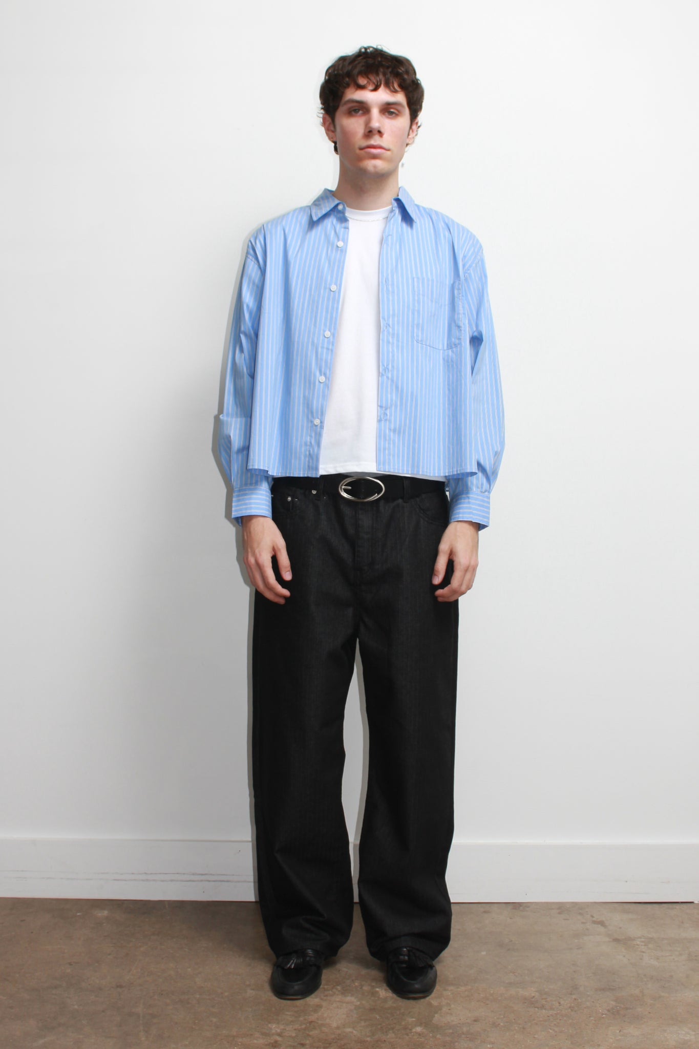 Wise Stripe Crop Shirt in Dark Blue